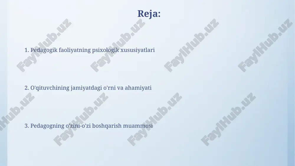 fodalanadi: minimal reproduktivdan eng yuqori modellashtirilgan tizimli faoliyatgacha. bu darajalar o'qituvchining o'quvchilar bilan o'zaro ta'sirini tavsiflaydi. o'qituvchining o'z-o'zini boshqarish qobiliyati 7 ta malaka bilan belgilanadi: kommunikativ, gnostik, ijodiy, va hokazo. ushbu malakalar o'qituvchining o'quv jarayonini samarali boshqarishiga yordam beradi. pedagogik faoliyatning samaradorligi yuqori mahsuldorlikka erishgan pedagogik faoliyat o'quvchilarning shaxsiy va intellektual rivojlanishiga, ularni o'quv faoliyatining subyekti sifatida shakllanishiga olib keladi. pedagogik faoliyatning samaradorligini ta'minlashda o'qituvchining shaxsiy va kasbiy xususiyatlari, o'quvchilar bilan o'zaro munosabatlari muhim ahamiyatga ega. o'qituvchining jamiyatdagi o'rni va ahamiyati jamiyatda oʻqituvchining o'rni ta'lim tizimining samaradorligi bilan 15-25% bog'liq. ularning ijtimoiy-madaniy ta'siri o'quvchilarning shaxsiy rivojlanishiga sezilarli ta'sir ko'rsatadi. o'qituvchi jamiyatning kelajagini shakllantirishda muhim omil bo'lib, 10-20 yildan keyin jamiyat rivojiga ta'sir ko'rsatadigan shaxslarni tarbiyalaydi. o'qituvchining kasbiy tayyorgarligi o'qituvchilarning kasbiy tayyorgarligi 3 ta asosiy yo'nalish bo'yicha amalga oshiriladi: nazariy bilimlarni o'zlashtirish, amaliy ko'nikmalarni shakllantirish va shaxsiy sifatlarni rivojlantirish. o'qituvchining kasbiy tayyorgarligi jarayonida 5 ta asosiy bosqich (tanlash, tayyorgarlik, kirish, rivojlanish, …