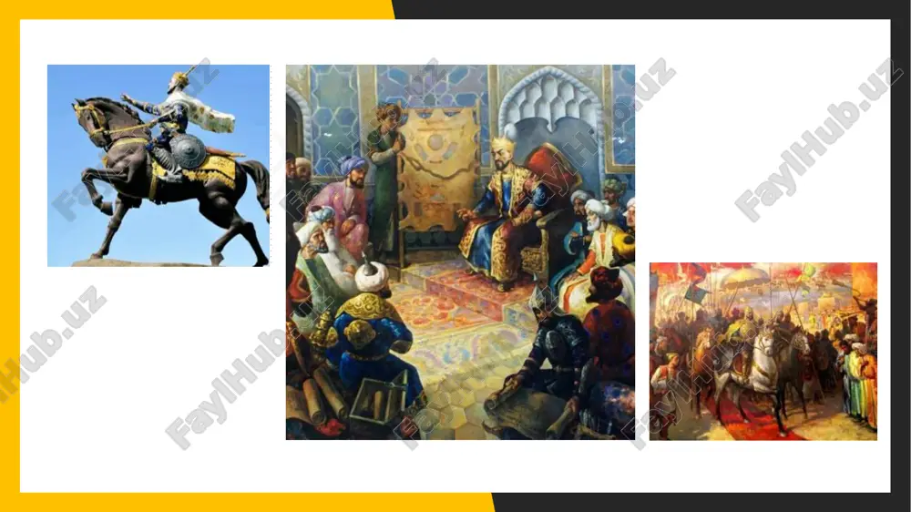 chiqadi. temurning uch yirik yurishlar amir temur eron, ozarbayjon, iroq va shom (suriya) ustiga uch marta lashkar tortdi. bu yurishlar tarixda "uch yillik", "besh yillik" va "etti yillik" urushlar nomi bilan mashhur. uch yillik (1386 — 1388) harbiy yurishlar oqibatida janubiy ozarbayjon, iroqning shimoliy qismi, gurjiston va van koʻli atrofidagi yerlar egallandi. o ’ z b e k i s t o n t a r i x i 2 0 2 1 hindistonga yurishi amir temurning hindiston ustiga qilgan urushi (1398 y. may — 1399 y. mart) qariyb oʻn bir oy davom etdi. amir temur hindistondan katta oʻlja, shu jumladan 120 jangovar fil bilan qaytdi. oʻljalarning bir qismi qoʻshinga taqsimlab berildi, qolgani samarqand va kesh shaharlarida olib borilayotgan qurilishlarga sarflandi. o ’ z b e k i s t o n t a r i x i 2 0 2 1 temuriylar shajarasi o’rta osiyo va xususan o’zbekiston hududida …
