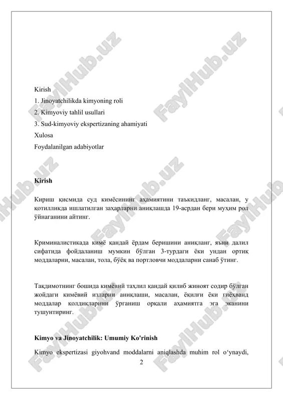 sikologiya qon, siydik, soch va boshqa biologik namunalarida zaharli moddalarning bor-yo'qligini aniqlash uchun mass-spektrometriya va gaz xromatografiyasi kabi analitik usullarni qo'llaydi. zaharlanishlarni aniqlashda toksikologlar zaharning turi, miqdori va ta'sir qilish yo'lini aniqlash orqali o'limning sababini aniqlashga yordam beradi va bu sud tibbiyotida muhim ahamiyatga ega. sud toksikologiyasi jinoiy ishlarida, masalan, qotilliklarda yoki narkotik moddalar bilan bog'liq jinoyatlarda, dalillarni tahlil qilish va guvohlarning ko'rsatuvlarini tasdiqlash uchun ishlatiladi. dnk tahlili va identifikatsiya dnk tahlili, polimeraza zanjiri reaktsiyasi (pzr) kabi usullar orqali dnkning kichik namunalarini millionlab nusxalarga ko'paytiradi, bu esa aniqlikni oshiradi. dnk identifikatsiyasi 13-20 str lokusini tahlil qilish orqali amalga oshiriladi, bu lokuslarda allellar kombinatsiyasi individual genetik profilni yaratadi. mitoxondrial dnk (mtdnk) tahlili, yadro dnk degradatsiyaga uchragan holatlarda, masalan, suyak yoki tishlarda, naslni aniqlash imkonini beradi. dori vositalari va nazorat qilinadigan moddalarni tahlil qilish dori vositalarini tahlil qilishda gaz xromatografiyasi-mass-spektrometriya (gc-ms) kabi usullar, moddaning molekulyar tuzilishini aniqlash uchun qo'llaniladi, bu esa aniqlikni …