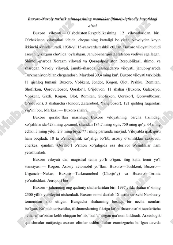 shaharning boshqa bir necha nomlari bo‘lgan. ko‘plab tarixchilar, tilshunoslarning fikriga ko‘ra buxoro so‘zi sanskritcha “vihara” so‘zidan kelib chiqqan bo‘lib, “kal’a” degan ma’noni bildiradi. arxeologik qazishmalar natijasiga asosan olimlar ushbu shahar eramizgacha bo‘lgan davrda hududning iqtisodiy va madaniy hayotida muhim rol o‘ynagan degan xulosaga keldilar. buxoro xitoydan rimgacha olib boruvchi buyuk ipak yo‘lining eng muhim chorrahalaridan birida joylashgan. hozirgi buxoro o‘zbekistonning boshqa shaharlari singari eski va yangi shaharga bo‘lingan. lekin shahar shak-shubhasiz ustunlikka ega: agar boshqa joylarda eski shahar qismida faqat tarixiy yodgorliklar bo‘lib, hech bir aholi yashamagani uchun ochiq osmon ostidagi muzey sifatida qabul qilinsa, buxoroda odamlar ming yillar ilgarigidek yashamoqdalar. bu har bir kishiga shaharning boy tarixini tasavvur qilish imkonini beradi. shaharning yangi qismida ma’muriy binolar, maktablar, institutlar va sanoat korxonalari joylashgan. siz 2500 yillik buxoroning tor ko‘chalarida kezishingiz va ko‘k gumbazli hashamatli binolar hamda kichik loysuvoq uylardan zavq olishingiz mumkin. buxoro tuprog‘ida abu –ali ibn sino, imom al …