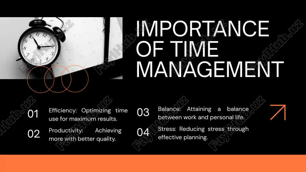 reas for improvement modify your time management plans and techniques based on the evaluation. adjust plans explore new techniques and continuously improve your time management skills. keep learning conclusion effective time management is crucial for boosting productivity and achieving a balance between work and personal life. by identifying priorities, planning effectively, and managing distractions, you can reach your goals more efficiently. call to action apply techniques: implement the discussed techniques. set priorities: identify and focus on your main priorities. evaluate regularly: review and adjust your time management practices periodically. image1.png image2.png image3.svg image4.png image5.png image6.svg image7.png image8.png image9.svg image10.png image11.svg image12.png image13.svg image14.png image15.png image16.png /docprops/thumbnail.jpeg