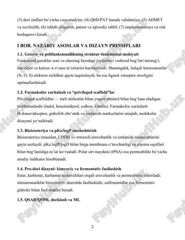 funksional guruhlar soni va ularning fazodagi joylashuvi vodorod bog‘lari tarmog‘i, ion-dipol va kation–π o‘zaro ta’sirlarini kuchaytiradi. shuningdek, halqali heteroatomlar (n, o, s) elektron zichlikni qayta taqsimlaydi, bu esa ligand–retseptor mosligini optimallashtiradi. 1.2. farmakofor xaritalash va “privileged scaffold”lar privileged scaffoldlar — turli nishonlar bilan yuqori ehtimol bilan bog‘lana oladigan platformalardir (indol, benzimidazol, xalkon, kinolin). farmakofor xaritalash h-donor/akseptor, gidrofob cho‘ntak va ionlanish markazlarini aniqlab, molekular dizaynni yo‘naltiradi. 1.3. bioizosteriya va pka/logp moslashtirish bioizosteriya (masalan, cooh ↔ tetrazol) eruvchanlik va ionlanish xususiyatlarini qayta sozlaydi. pka logp/logd bilan birga membrana o‘tuvchanligi va plazma oqsillari bilan bog‘lanishga ta’sir ko‘rsatadi. polar sirt maydoni (tpsa) esa permeabilite bo‘yicha amaliy indikator hisoblanadi. 1.4. pro-dori dizayni: kimyoviy va fermentativ faollashish ester, karbonat, karbamat tashuvchilari orqali eruvchanlik va permeabilite oshiriladi; nitroaromatiklar bioreduktiv sharoitda faollashishi, sulfonamidlar esa fermentativ gidroliz bilan faol shaklni beradi. 1.5. qsar/qspr, docklash va ml 3d-qsar (comfa/comsia) va farmakofor skrinning birga qo‘llanadi; docklash orqali bog‘lanish energetikasi baholanadi; ml …