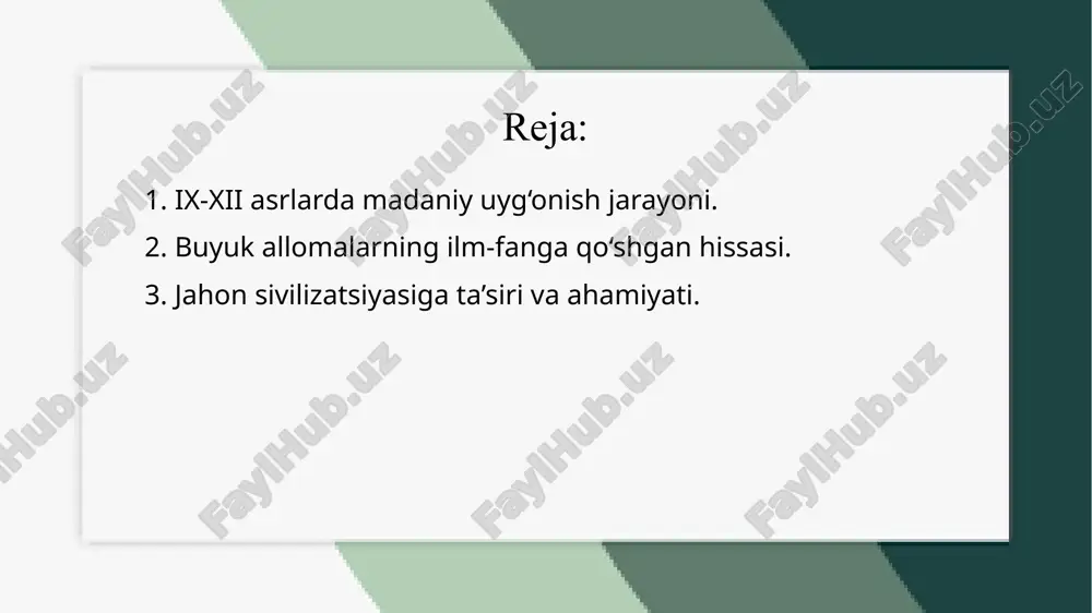 ratdi. beruniy astronomiya va geodeziya sohasida muhim tadqiqotlar olib borib, yerning aylanishi va o‘lchovlari haqida ilmiy fikrlarni ilgari surdi. buyuk allomalar matematika, astronomiya, tibbiyot, falsafa, geografiya va boshqa ko‘plab sohalarda inqilobiy yangiliklar yaratdilar. abu rayhon beruniy turli xalqlarning madaniyati va tillarini o‘rganib, tarix, geografiya va astronomiya bo‘yicha nodir asarlar yozdi. al-farg‘oniy astronomiya va trigonometrik hisob-kitoblarni rivojlantirib, g‘arbda "alfraganus" nomi bilan mashhur bo‘ldi. al-xorazmiy yaratgan algebra fani yevropada rivojlangan matematikaning asosiy bo‘g‘iniga aylandi. ibn sino nafaqat tabib, balki kimyo, musiqa va falsafada ham yirik tadqiqotlar olib bordi. ularning ilmiy ishlari asrlar davomida ilm-fan taraqqiyotiga ta’sir ko‘rsatib kelmoqda va bugungi kunda ham dolzarbligini yo‘qotmagan. etiboringiz uchun rahmat! image1.png image2.jpeg image3.jpeg /docprops/thumbnail.jpeg