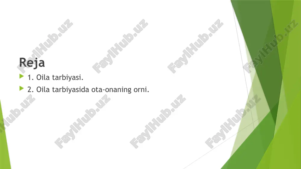 ajang, serjaxl, qoʻpol, dagʻal boʻlib qoladi, kattalarga ishonmay qoʻyadi, oʻqishi pasayib ketadi. oila tarbiyasida otaning obroʻsi katta ahamiyatga ega. oila tarbiyasida maktab va ota-onalar oʻrtasidagi taʼlimtarbiyaga oid birgalikdagi ishlari katta ahamiyatga ega. otaonalarning oʻqituvchilar bilan boʻlgan uchrashuvlarida aytilgan fikrlar, ayniqsa qimmatlidir. chunki ular oʻz farzandlari toʻgʻrisida koʻproq narsalarni bilib oladilar. shuning uchun bola tarbiyasining tub mohiyatini tushungan har bir ota-ona oila bilan maktab oʻrtasidagi hamkorlikni mustahkamlashga intiladi. bola maktabni tamomlagunga qadar otaona maktab bilan yaqin aloqa oʻrnatishi, farzandining darslarini oʻzlashtirishi, xulq-atvoridan xabardor boʻlib turishi, tarbiya masalalarida oʻqituvchi, sinf rahbari bilan maslahatlashib turishi, bolaning darsdan soʻng nima bilan mashgʻulligi haqida oʻqituvchi va sinf rahbarini xabardor qilib turishi lozim. oila tarbiyasida ota-onalarning mahalla faollari, mehnat faxriylari bilan hamkorliklari ham muhim image1.jpeg image2.jpeg image3.jpeg /docprops/thumbnail.jpeg