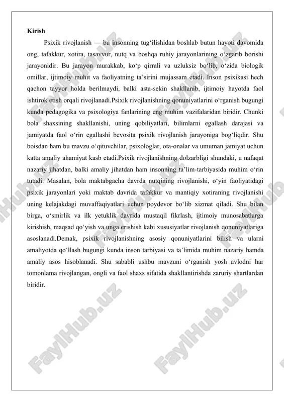 ntirishda zaruriy shartlardan biridir. psixik rivojlanish nazariyalari psixik rivojlanish nazariyalari inson hayotining butun davri mobaynida psixik jarayonlar, shaxsiy xususiyatlar va ijtimoiy munosabatlarning o'zgarishi va rivojlanishini o'rganuvchi psixologiyaning muhim bo'limidir. bu nazariyalar insonning tug'ilishdan tortib keksayishgacha bo'lgan davrda qanday o'zgarishlarga duch kelishini, bu o'zgarishlarga qanday omillar ta'sir etishini va ularni qanday boshqarish mumkinligini tushuntiradi. psixik rivojlanish nazariyalari biologik, ijtimoiy, kognitiv va psixodinamik yondashuvlarga asoslanadi, ularning har biri inson rivojlanishining turli tomonlarini yoritadi. bu nazariyalar nafaqat ilmiy jihatdan muhim, balki ta'lim, tarbiya va psixologik yordam sohasida amaliy qo'llaniladi. masalan, bu nazariyalar yordamida bolalarning o'sishi, o'smirlik davridagi muammolar va kattalardagi shaxsiy o'zgarishlar tahlil qilinadi.psixik rivojlanish nazariyalari xx asrda rivojlangan bo'lib, ularning asosiy vakillari sigmund freud, jean piaget, lev vygotskiy va erik erikson kabi olimlardir. bu nazariyalar insonning psixik rivojlanishini bosqichma-bosqich va uzluksiz jarayon sifatida ko'rib chiqadi. ularning asosiy maqsadi insonning qanday qilib jamiyatga moslashishini, o'zini va atrofdagilarni tushunishini va hayotiy muammolarni hal qilishini …