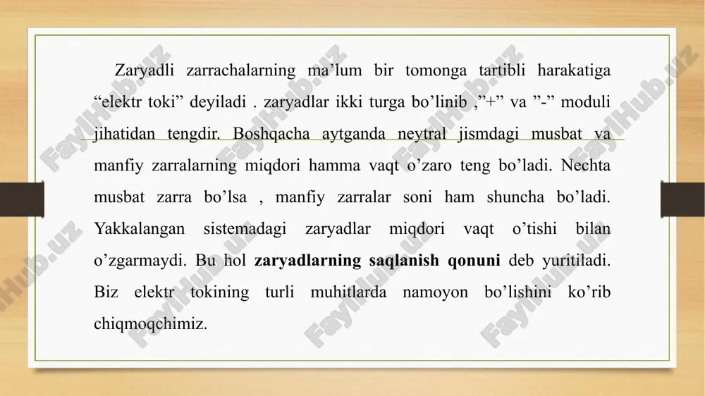 rning yig’indisiga dipol deyiladi. tuzlar, kislotalar va ishqorlarni suvdagi eritmasiga elektrolitlar deyiladi. elektrolitlardagi elektr tokini hosil bo’lishini quyidagi tajriba asosida ko’rib chiqamiz. toza distirlangan suvni idishga solib unga elektrodlar tushirilgan bo’lsin. elektrodlar tok manbaiga ulangan bo’lib elektrolit orqali elektr toki o’tganda moddaning kimyoviy parchalanishi va ularning elektrodlarda ajralib chiqishi elektrolit deyiladi. elektrolit hodisasini toza metallar olishda fydalinadi.. masalan: al, gu, zn, ni, mg,fi, df. va metallarni rudalardan ajratib olish uchun shu usuldan foydalinadi. galvanoplastika. tasvirlar rel’efining metal nusxalarining elektrolit yordamida olish galvanoplastika deyiladi. galvanoplastika usulida kitob, gazeta, pul, edal’ va boshqa buyumlarning ko’plab nusxalarini olishda ishlatiladigan mis klisherlar yasashda foydalanildi. g + tuzlar va kislotalarning suvda erish natijasida musbat va manfiy ionlar xosil bo’ladi “+” ionlar katotga tomon “-” ionlar anodga tomon harakatlanadi.natijda berk zanjir hosil bo’ladi. demak suyuqliklardagi elektr tokini asosiy manbasi”+” va “-” ionlarnng atrofida elektro statik maydon mavjud ekanligi isbotlangan. ionlarning xarakatlanish natijasida suv molekulalari bilan ionlar …