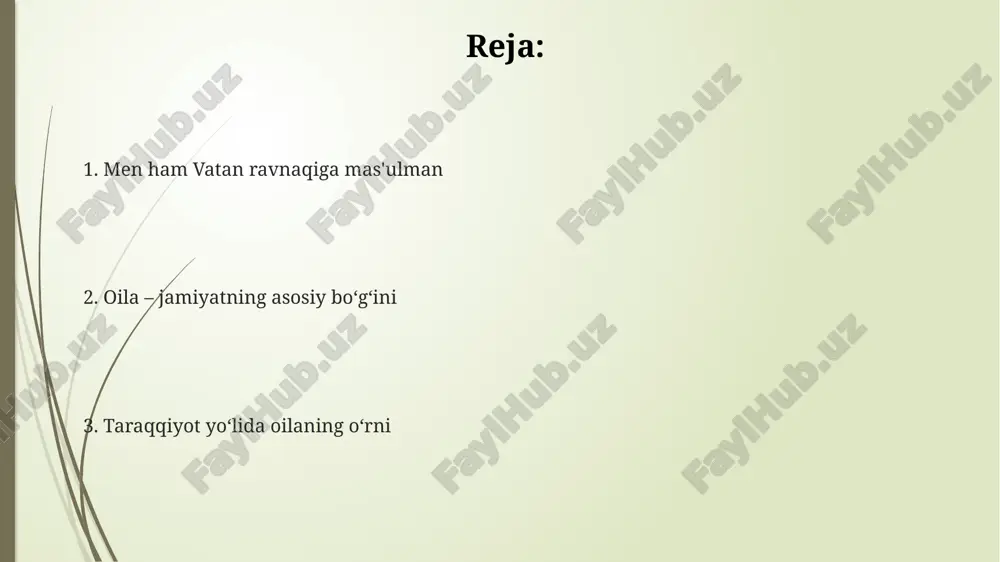 biyasi – kelajak poydevori" konsepsiyasi erta yoshdan boshlab, 0 dan 7 yoshgacha bo'lgan davrda bolaning axloqiy qadriyatlarini shakllantirishga qaratilgan. ushbu tushuncha oilada 3 ta asosiy tarbiya usulini o'z ichiga oladi: shaxsiy namuna, ibratli hikoyalar va kundalik vaziyatlarda to'g'ri yo'nalish berish orqali amalga oshiriladi. "farzand tarbiyasi" xxi asrda, ayniqsa, globalizatsiya sharoitida milliy o'zlikni saqlash va yosh avlodni vatanparvarlik ruhida tarbiyalash uchun 1 muhim omil hisoblanadi. oilaviy qadriyatlar – milliy meros ix-xii asrlarda yashab ijod etgan buyuk mutafakkirlar, masalan, al-xorazmiy, ibn sino, oila axloqi va tarbiyasi haqida ko'plab qimmatli fikrlar bildirganlar. «oila – jamiyatning asosi» tamoyili o'zbekiston konstitutsiyasining 63-moddasida mustahkamlab qo'yilgan, bu oilaviy qadriyatlarning davlat siyosatidagi ahamiyatini ko'rsatadi. o'zbek oilalarida 7 avlodgacha bo'lgan nasl-nasabni bilish muhim sanaladi. bu an'ana qon-qarindoshlik aloqalarini mustahkamlashga xizmat qiladi, 5 ta asosiy qadriyatni asraydi. vatan taraqqiyotida oilaning o'rni demografik jarayonlar: sog'lom va ma'rifatli avlodni tarbiyalash, aholi sonini ko'paytirish, demografik muvozanatni saqlash orqali mamlakatning kelajagini ta'minlaydi, ijtimoiy barqarorlikka …