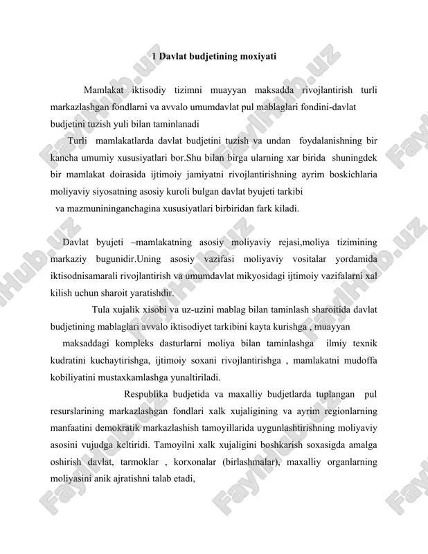 ing iktisodiyotni boshkarishdagi axamiyati uzok vakt davomida deyarli fakat xalk xujaligining turli tarmoklaridagi daromadlarni tuplash va ularni umumxujalik extiyojlariga muvofik markazlashgan tartibda kayta taksimlash imkoniyatlari bilan boglab kelindi. bunday sharoitda korxonalar daromadlaridan olinadigan soliklar stavkasi kupayib bordi, markazlashgan tartibda mablag ajratish esa budjet xarajatlarining asosiy kismini tashkil etdi. tarixiy tajriba sobik ittifok davrida mablaglarni budjet orkali bu xilda bir joydan ikkinchi joyga utkazish birinchi galdagi vazifalarni xal etishda yutukka erishishga imkon beradi. lekin bu usul uzok vakt kullanishga muljallanmagan, chunki uning bir kancha muxim kamchiliklari bor. korxonalarning ancha daromadlarini xak tulamay markazlashgan fondlarga olib kuyish ularning ishlab chikarish samaradorligini oshirishdan iktisodiy manfaatdorligiga bolta uradi, aslida ularni i\chni rivojlantirish masalalarini xal kilishda ishtirok etishdan,kapital solishning okilona yullarini izlashdan chetlashtiradi. bu masalalar batamom yukori boshkaruv organlarining ixtiyoriga beriladi, bu organlar esa «xamma narsani olib kuyamiz, zarur bulib kolganda esa beramiz» kabilida ish tutadilar. budjetdan mablag ajratish xujalik xodimlarining shu resurslardan samarali foydalanishiga …