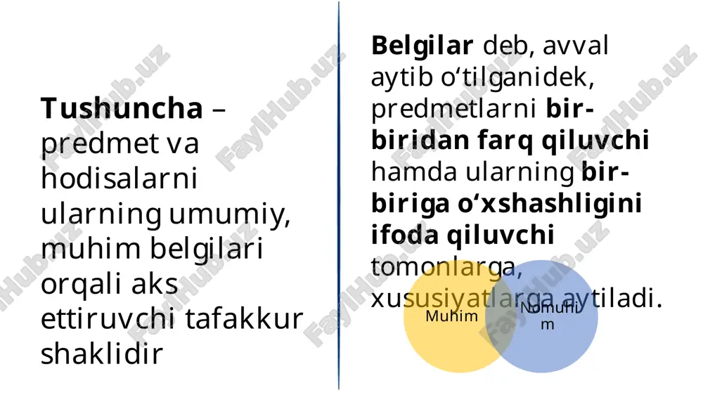 asalan, “fan” tushunchasining mazmunini fanning muhim belgilari, ya’ni uning amaliyot bilan aloqada ekanligi, predmetlarning birorta sohasiga oid tushunchalar, qonunlar, prinsiplar shaklidagi obyektiv chin (haqiqiy) bilimlar tizimidan iborat bo‘lishi, dunyoqarashning shakllanishida ishtirok qilishi va shu kabilar tashkil qiladi. hajmiga ko‘ra, yakka va umumiy tushunchalar farq qilinadi. yakka tushunchaning hajmida bitta predmet fikr qilinadi. masalan, “mars planetasi”, “o‘zmu asosiy kutubxonasi” va shu kabilar yakka tushunchalardir. umumiy tushunchalar predmetlar guruhini aks ettiradi. “planeta”, “kutubxona” tushunchalari umumiy tushunchalar hisoblanadi. umumiy tushunchalar aks ettiruvchi predmetlarning miqdori chegaralangan va chegaralanmagan bo‘lishi mumkin. masalan, “kimyoviy element” tushunchasida fikr qilinayotgan predmetlar soni chegaralangan. “yulduz” tushunchasi hajmini tashkil qiluvchi predmetlar soni esa cheksiz. fikr yuritish jarayonida ayiruvchi va to‘plovchi tushunchalarni farq qilish ham muhim ahamiyatga ega. ayiruvchi tushuncha shunday umumiy tushunchaki, u aks ettiruvchi belgilar berilgan sinfning har bir predmetiga xosdir.to‘plovchi tushuncha ham umumiy tushuncha bo‘lib, u aks ettirgan belgilar shu umumiylikni tashkil etuvchi har bir predmetga taalluqli bo‘lmaydi. …