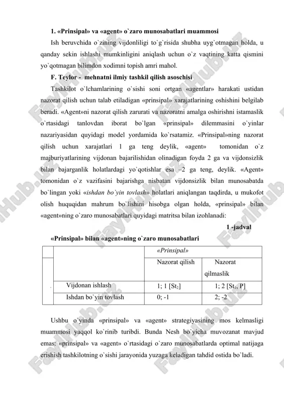 azorat xarajatlarining ortishi «agentlar» sonining o`sishiga to`g`ri proporsional emas. bu yerda «prinsipal» va «agent» o`rtasida axborot asimmetriyasining paydo bo`lishi omilini hisobga olish lozim. uchinchi o`yinchi – «tabiat» bilan o`yinni tahlil qilgan holda, biz ikkita asosiy o`yinchi o`rtasidagi axborot asimmetriyasidan fikrni boshqa tomonga burdik. tashkilot ichida axborot asimmetriyasining paydo bo`lishi sabablarini aniqlash uchun, institutsional tizim sifatida buyruqbozlik tizimini tadqiq qilgan fridrix fon xayekning isbotlarini eslaymiz. xayek nazarida, bitimning barcha ishtirokchilarini teng va to`liq hajmdagi axborot bilan ta’minlovchi mexanizm bo`lib mutlaqo raqobatchi bozorlardagi narxning shakllanishi hisoblanadi. firma doirasida hech qanaqa raqobatli narx shakllanishi to`g`risida gap bo`lishi mumkin emas, «agent»ning o`z mehnatining yakuniy mahsuli qiymatidan muntazam ravishda bosh tortishi ana shundan dalolat berib turibdi. chunki faqat ish haqi mehnatning yakuniy mahsuliga teng bo`lgan taqdirdagina mehnat bozorida muvozanatga erishish mumkin va narx to`liq axborotni o`zida mujassamlantiradi. demak, tashkilotning o`sishiga qarab aylanadigan axborotning murakkablashuvi va ixtisoslashuvi yuz beradi, lekin ular samaradorlik bo`yicha narx-navo mexanizmi bilan …