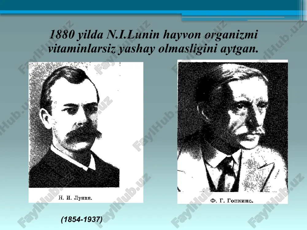 nni kimyoviy tuzilishini aniqladi. karotin 3 ta izomer holatida uchraydi: l,β,γ. vitamin d егgocalciferolum –vit d2 ноlaecalciferolum - vit d3 bu moddalar baliq moyi, sariyog’,jigar, o’simlik moylarida uchraydi ergocalciferol va holecalciferol – rangsiz, hidsiz kristall kukun. suvda erimaydi. efir, spirt va hloroformda oson eriydi, optik faol . yorug’lik nuri va havo kislorodi ta’sirida tez o’zgaradi. vitamin е – (nasl qoldirish) 7 hil izomeri bo’ladi. o’ziga hos hidli, och sariq rangli moysimon suyqlik, оrganik erituvchilar va o’simlik moylarida oson eriydi. «inson kasalligida davolanish uchun dorilarni ichadi, vitaminlarni esa kasal bo’lmasligi uchun har doim iste’mol qilishi kerak » professor v.b.spirichev image2.jpeg image3.jpeg image4.jpeg image5.jpeg image6.png image7.png image8.jpeg image9.gif image10.wmf image11.wmf image12.gif image13.emf image14.jpeg image15.jpeg oleobject1.bin image16.jpeg image17.jpeg image18.jpeg image19.jpeg image20.jpeg image21.jpeg image22.jpeg image23.jpeg image24.jpeg image25.png image26.png /docprops/thumbnail.jpeg