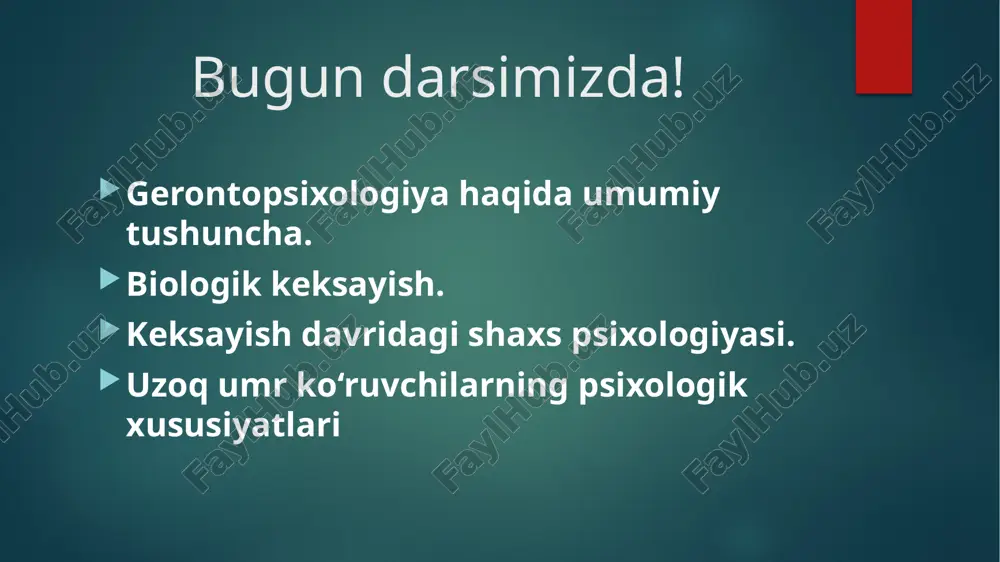 iy sitseron ("katta katon yoki keksayish haqida" asarida), i.i.mechnikov ("optimizm etyudlari" kitobida), o‘rta osiyo allomalari donolik, donishmandlik haqidagi durdonalarida falsafiy fikr va muyaohazalarni bildirganlar. amerikalik psixolog s.xoll (1846— 1924) "keksayish" monografiyasida amaliy va metodologak ahamiyatga molik qator g‘oyalarni ilgari surgan. psixogerontologiya fanida gerontologiya, involyusiya, geriatriya, gerogigiena, geteroxronlik kabi ilmiy tushunchalar mavjud. gerontologiya — grekcha so‘z bo‘lib, keksayishning, keksalikning kelib chiqishi demakdir. geriatriya so‘zi keksaygan inson shaxsini davolashni bildiradi. involyusiya tushunchasi evolyusiyaning teskarisi bo‘lib, o‘sishdan orqaga qaytishni ifodalaydi. gerogigiena — keksaygan odamning salomatligini saqlash va mustahkamlash sohasidir. gerogigiena keksa odamlarda asab, ruhiy kasalliklarning oldini olish uchun xizmat qiladi. geteroxronlik bir xil yoshdagi odamlarda ruhiy jarayonlarning turlicha (har xil vaqg va muddatda) namoyon bo‘lishidir. d.bromley insonning qarish sikli uchta bosqichdan iborat bo‘lishini ta’kidlaydi: 1) "ishdan, xizmatdan uzoqlashish" (iste’fo) — 66-70 yoshi 2) keksalik (70 va undan katta yosh), sh), 3) munkillagan keksalik (hasta keksalik va o‘lim) — maksimum 110 yosh. olimlarning fikricha …