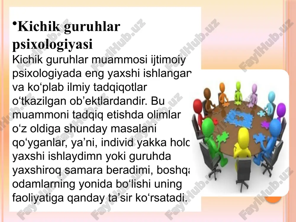 otlar uchun ham, sotsial psixologik treninglar o‘tkazish uchun ham qulay hisoblanadi. 6 ikkinchidan, guruhning o‘lchami qanchalik katta bo‘lsa, uning alohida olingan shaxslar uchun qadrsizlanib borish xavfi kuchayadi. ya’ni, shaxsning ko‘pchilikdan iborat guruhdan o‘zini tortish va uning normalarini buzishga moyilliga ortib boradi. uchinchidan, guruhning hajmi kichiklashib borgan sari shaxslararo o‘zaro munosabatlar taranglashib boradi. chunki, shaxslarning bir-birlari oldida mas’uliyatlarining oshishi va yaqindan bilishlari ularning o‘rtasidagi aloqalarda doimo aniqlik bo‘lishini talab qiladi. munosabatlardagi har qanday disbalanslar, ya’ni nomutanosibliklar ochiq holdagi ziddiyatlarni keltirib chiqaradi. to‘rtinchidan, agar guruh a’zolarining soni toq bo‘lsa, ular o‘rtasidagi o‘zaro munosabatlar juft bo‘lgan holdagidan ancha yaxshi bo‘ladi. shundan bo‘lsa kerak, boshqaruv psixologiyasida odamlarni biror nimaga saylashda va umuman rasmiy tanlovlarda guruhdagi odamlar soni toq qilib olinadi. beshinchidan, shaxsning guruh taz’yiqiga berilishi va bo‘ysunishi ham guruh a’zolarining soniga bog‘liq. guruh soni 4-5 kishi bo‘lgunga qadar, uning ta’siri kuchayib boradi, lekin undan ortib ketgach, ta’sirchanlik kamayib boradi. masalan, ko‘chada sodir bo‘lgan baxtsiz …
