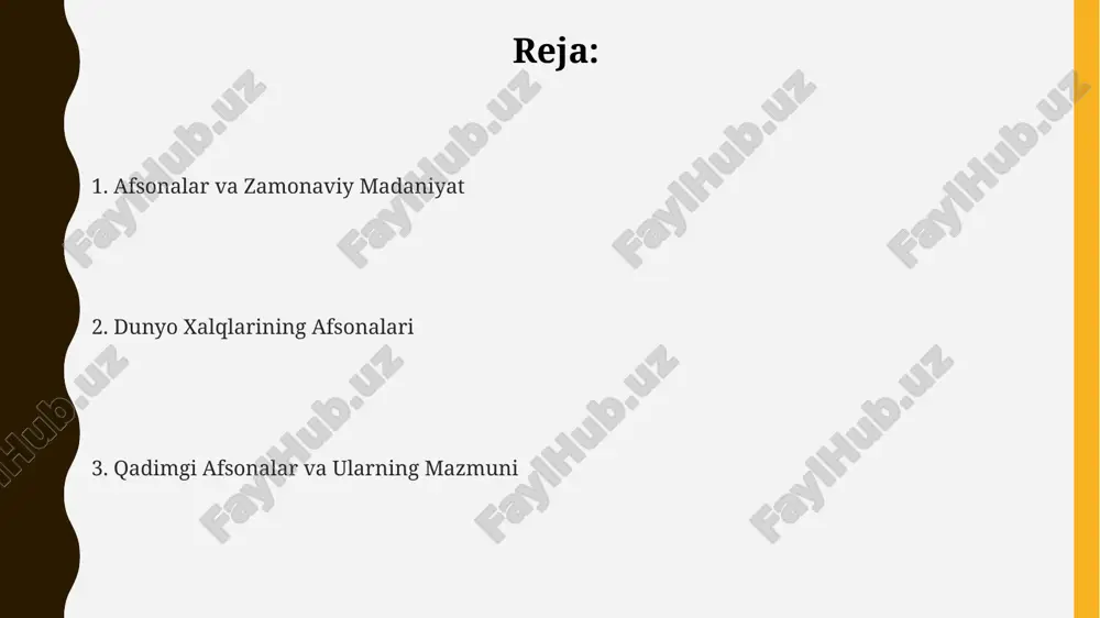 a olam – insoniyat va xudolar olami oʻrtasidagi munosabatlarni aks ettiradi. gilgamesh eposi – mesopotamiya adabiyotining eng mashhur asarlaridan biri boʻlib, unda 12 ta mehnatdan oʻtgan va oʻlimsizlikka intilgan qahramonning sarguzashtlari bayon etilgan. anu, enlil va enki kabi kuchli xudolarning mavjudligi va ularning olamni boshqarishi, mesopotamiya afsonalarida insoniyatning taqdiri va tabiat hodisalarini tushuntirishga xizmat qilgan. hind afsonalari ramayana va mahabharata – hind afsonalarining eng mashhur ikki dostonidir. ular jami 200 000 dan ortiq shlokni o'z ichiga oladi va qahramonlik, sevgi, adolat kabi insoniy qadriyatlarni aks ettiradi. hind afsonalarida reenkarnatsiya (qayta tug'ilish) tushunchasi muhim o'rin tutadi. karma tizimiga ko'ra, odamlar o'z xatti-harakatlariga yarasha 4 ta turli kastaga bo'linadi va qayta tug'ilish jarayoni davom etadi. hind afsonalarida 33 ta xudo va xudolar oilasi, ularning har biri o‘ziga xos vazifa va kuchga ega ekanligi tasvirlangan. masalan, brahma yaratish, vishnu saqlash, shiva esa vayron qilish bilan shug'ullanadi. afrikaning afsonalari afrikalik xalqlar orasida 3000 yildan …