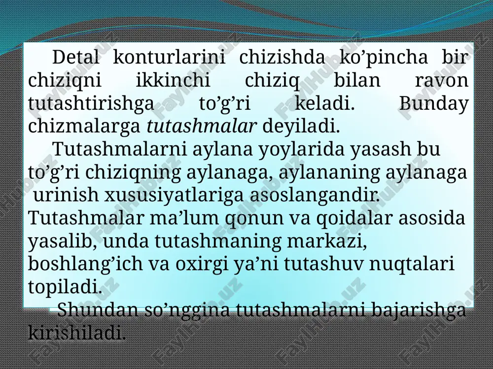 il kattalikda bo‘lsa (1-shakl, b, 2- shakl) ularning radiuslari ayirmasi r-r1 ga teng radiusda, kattaroq aylana markazidan yordamchi aylana chiziladi. 02(001/2) dan 002 radiusda yoy chizilsa, bu yoy 0 markazli yordamchi aylanani a nuqtada kesadi. o va a nuqtalar tutashtirilib davom ettirilsa, katta aylanada o‘tish nuqtasi 1 topiladi. 01 dan 01 ga parallel chizilsa, kichik aylanadagi o‘tish nuqtasi 2 hosil bo‘ladi. 1 va 2 nuqtalar tutashtirilsa, har xil radiusdagi aylanalarga urinma to‘g‘ri chiziq o‘tkazilgan hisoblanadi 01 va 02 markazli aylanalar 0 markazli aylananing tashqi (3-shakl,a) va ichki (3-shakl,b) tomonidan urinib o‘tmoqda. demak, aylanalarni o‘zaro aylana yoyi bilan tutashtirishda tashqi va ichki tutashmalar mavjud ekan. 3-shakl 4-shakl aylanalarni tashqi tomonidan aylana yoyi bilan tutashtirish uchun (3-shakl), berilgan tutashtirish radiusi r ni r1 ga qo‘shib, r+r1 ga teng radiusda 01 dan, r+r2 ga teng radiusda 02 dan yoylar chiziladi va ularning o‘zaro kesishishidan tutashtirish markazi 0 hosil bo‘ladi. 0 bilan 01 va …