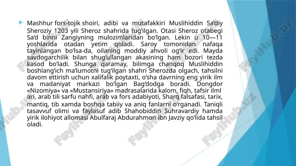 ik zikrida; to‘qqizinchi bob — tavba va savob yo‘li zikrida; o‘ninchi bob — munojot va kitob xotimasi zikrida. «guliston» sakkiz bobdan iborat bo‘lib, uning tarkibiy tuzilishi quyidagicha: debocha; birinchi bob - podshohlar siyrati zikrida: ikkinchi bob — darveshlar axloqi zikrida; uchinchi bob — qanoat fazilati zikrida; to‘rtinchi bob sukut saqlashning foydalari zikrida; beshinchi bob — ishq va yoshlik zikrida; oltinchi bob — qarilik va zaiflik zikrida; yettinchi bob - tarbiyat ta’siri zikrida; sakkizinchi bob — suhbat odobi zikrida. sa’diyni g‘azal janrining kashshofi va ustodi sifatida ham ulug‘lashadi, chunki ungacha forsiy sheriyatning yetakchi janrlari qasida, doston, masnaviy, qit’a va ruboiy edi. rudakiy, sanoiy, xoqoniy, jamodiddin va kamoliddin isfahoniylar ko‘plab g‘azallar yozgan bo‘lsalar-da, ular qasida va qit’a xarakteriga ega bo‘lib, o‘zaro mustaqil alohida baytlardan g‘azal yaratish an’anasini sa’diy boshlab berdi. u g‘azalchilikdagi o‘zigacha olib borilgan izlanish va tajribalarni rivojlantirib, g‘azalni takomilga yetkazdi, keyin xusrav dehlaviy, hasan dehlaviy, xoju kirmoniy kabi zabardast shoirlar …