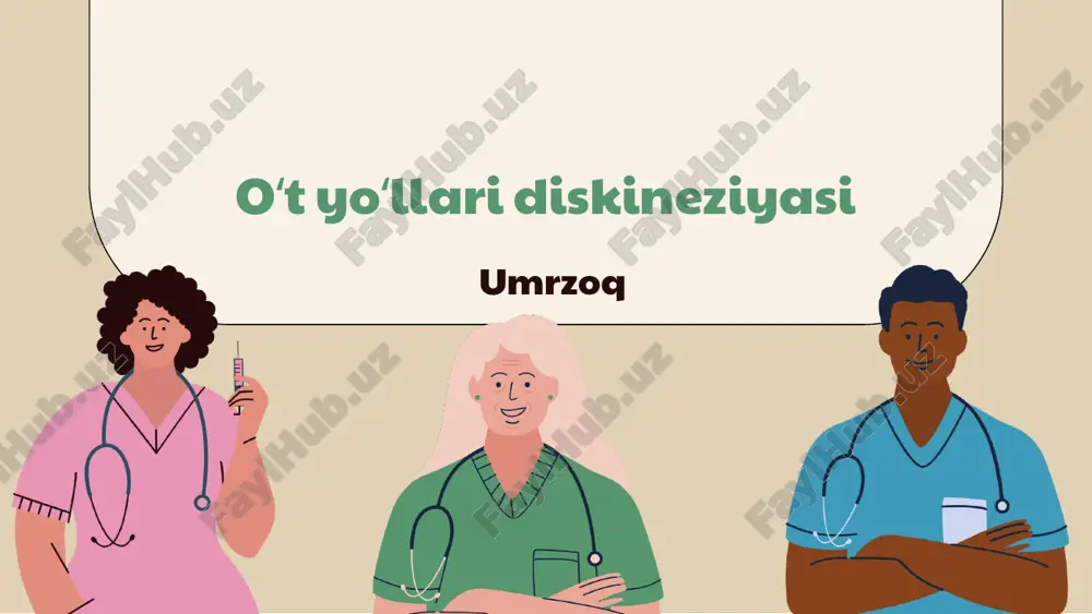 k harakatlarini buzadi, diskineziya xavfini oshiradi. oziq-ovqat odatlari, yomon ovqatlanish va unbalancelangan dieta, oshqozon va ichak muammolarini kuchaytiradi, riskni oshiradi. genetik omillar, irsiy xususiyatlar va merosxo'rlik diskineziyaning rivojlanishiga ta'sir qilishi mumkin. bu omillar birgalikda ta'sir ko'rsatadi, stressni boshqarish, to'g'ri ovqatlanish va mutaxassislar bilan maslahatlashish muhim. oʻt yoʻllari diskineziyasini aniqlash oʻt yoʻllari diskineziyasini aniqlash uchun tibbiy tarix, fizik tekshiruv va laboratoriya tahlillari bajariladi. bu usullar multidistsiplinar yondashuvni taʼminlaydi, har bir metodning o'z roli bor. to'g'ri va vaqtida tashxis qo'yish kasallikning samarali davolanishi uchun muhim. kasallikning tashxisi o't yo'llari diskineziyasi tashxisida bemor simptomlari, kasallik tarqalishi va intensitetiga e'tibor qaratiladi. asosiy diagnostik usullar: klinik tekshiruv, emg va radiologik tadqiqotlar (mri, ct), bu usullar kasallik rivojlanishini baholashga yordam beradi. tashxisda simptomlar, joylashuvi, davomiyligi, atrof muhit va genetik omillar hisobga olinadi; multidisipliner yondashuv va zamonaviy texnologiyalar muhim. diagnostika usullari oʻt yoʻllari diskineziyasi diagnostikasi laboratoriya va instrumental tekshiruvlar orqali kasallikning xarakteristikasini aniqlash, jarayon darajasini baholash va …