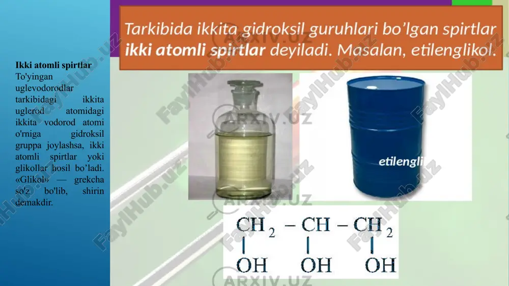 i spirt­larnikiga o'xshash bo'lib, faqat reaksiya ikki bosqichda ketadi. glikollar ishqoriy metallar bilan ikki xil glikolatlarni hosil qiladi. glikollarga galoid kislota ta'sir ettirilsa, gidroksil gruppa galogen atomiga almashinadi: glikollar mis (ii) gidroksid ta'sirida kompleks tuz hosil qiladi: bu reaksiya rangli bo'lgani uchun sifat analizda glikollarni aniqlashda qo'llaniladi. etilenglikol xalq xo'jaligining ko'pgina tarmoqlarida ishlatiladi. u suv bilan aralashtirilganda suvning muzlash temperaturasini pasaytirib yuboradi, shuning uchun «antifrizlar» tayyorlashda ishlatiladi. etilenglikol avtomobil sanoatida, shuningdek, motorlar va pulemyot stvolini sovitishda keng qo'llaniladi. undan to'qimachilik sanoatida sintetik tola (lavsan) olishda foydalaniladi. mavzu yuzasidan jadvallar namoyish qilinadi: image1.png image2.wmf oleobject1.bin image3.jpeg image4.png image5.png image6.emf image7.emf image8.png image9.png image10.png image11.png