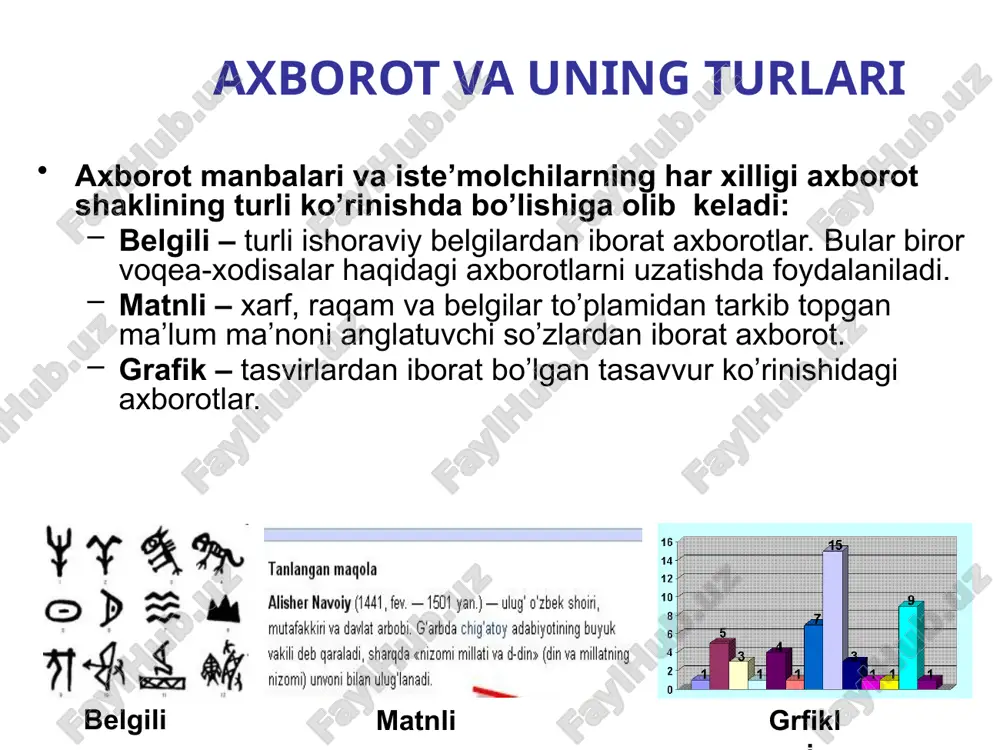 vositalari axborotlarni chiqarish tizimi monitor, videoproektor, printer va plotterlar teskari aloqa tizimi ma’lumotlarni uzatish va qabul qilish vositalari axborot tizimi va axborot almashish internet tarmog’i orqali kompyuterlar o’rtasida ma’lumot almashish jarayoni kompyuter (ingliz. computer – hisoblagich, lotincha computo - hisoblamoqdaman) – elektron shaklga ega turli ma’lumotlarni qabul qilish, yig’ish, saqlash, ularga ishlov berish, axborot uzatish, hisoblash kabi imkoniyatlarga ega bo’lgan qurilma. kompyuterlarning turlari: mini kompyuterlar (minicomputer) portativ kompyuterlar (notebook) shaxsiy kompyuterlar (personal computer) server kompyuterlar (servers) super kompyuterlar (super computer) kompyuter va unug turlari mini kompyuterlar va noutbuk mini kompyuterlar – o’lchami va bajaradigan amallar hajmi jihatidan juda kichik hisoblanadi. bunday kompьyuterlar cho’ntak kompyuterlari deb ataladi. portativ kompyuterlar (noutbuklar) – bunday turdagi kompyuterlaning ekrani va asosiy bloki bilashgan bo’lib mobil foydalanishga juda qulay shaxsiy komptuterlar va server shaxsiy kompyuterlar - uyda va ish joyida turli masalalarni yechishda foydalaniladigan ibm rusumidagi kompyuterlar. axborotlarga ishlov berish tezligi va xotira tizimi ish faoliyatimizdagi …