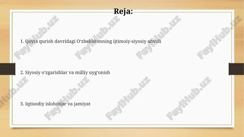 mlar hali ham munozarali bo'lib, turli manbalarda 100 mingdan oshiq odamning siyosiy repressiyalarga duchor bo'lgani haqida ma'lumotlar mavjud. qayta qurish davridagi oʻzbekistonning ijtimoiy-siyosiy ahvoli 1980-yillarning ikkinchi yarmida oʻzbekiston kommunistik partiyasi ichida kuchli raqobat kuchayib, “milliy uygʻonish” harakatlarining paydo boʻlishiga va hokimiyatdagi oʻzgarishlarga sabab boʻldi, bu esa siyosiy tizimdagi asosiy oʻzgarishlarga turtki boʻldi. qayta qurish siyosati doirasida amalga oshirilgan iqtisodiy islohotlar, koʻplab davlat korxonalarining samaradorligini oshirish oʻrniga, byurokratiya va korruptsiyaning kuchayishiga olib keldi, natijada aholining turmush darajasi sezilarli darajada yaxshilanmadi. qayta qurish davrida oʻzbekistonda paxta yetishtirishga boʻlgan haddan tashqari eʼtibor, boshqa qishloq xoʻjaligi tarmoqlarining rivojlanishiga toʻsqinlik qilib, oziq-ovqat tanqisligiga olib keldi, bu esa 1980-yillar oxirida ommalashgan noroziliklarning sabablaridan biri boʻldi. madaniy va mafkuraviy oʻzgarishlar sovet davridagi kommunistik ramzlar o'rnini yangi milliy ramzlar egalladi, shuningdek, 1990-yillarning o'rtalaridan boshlab milliy til va madaniyatni rivojlantirishga qaratilgan davlat siyosati kuchaytirildi, bu esa madaniy va mafkuraviy o'zgarishlarning muhim tarkibiy qismini tashkil etdi. "o'zbekiston milliy g'oyasi" deb …