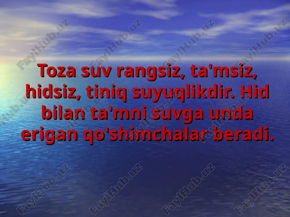 n ta'sirlashmaydi. suvni fizik xossalarini aytib bering. suv qanday kimyoviy xossalarga ega? suvning quyidagi moddalar bilan reaktsiya tenglamalarini yozing. 1 mol suvdan vodorodni bir valentli metallar ko’p siqib chiqaradimi yoki ikki valentli metallarmi? mustaxkamlash uchun savollar uyga vazifa mavzuni o’qib, takrorlab kelish
