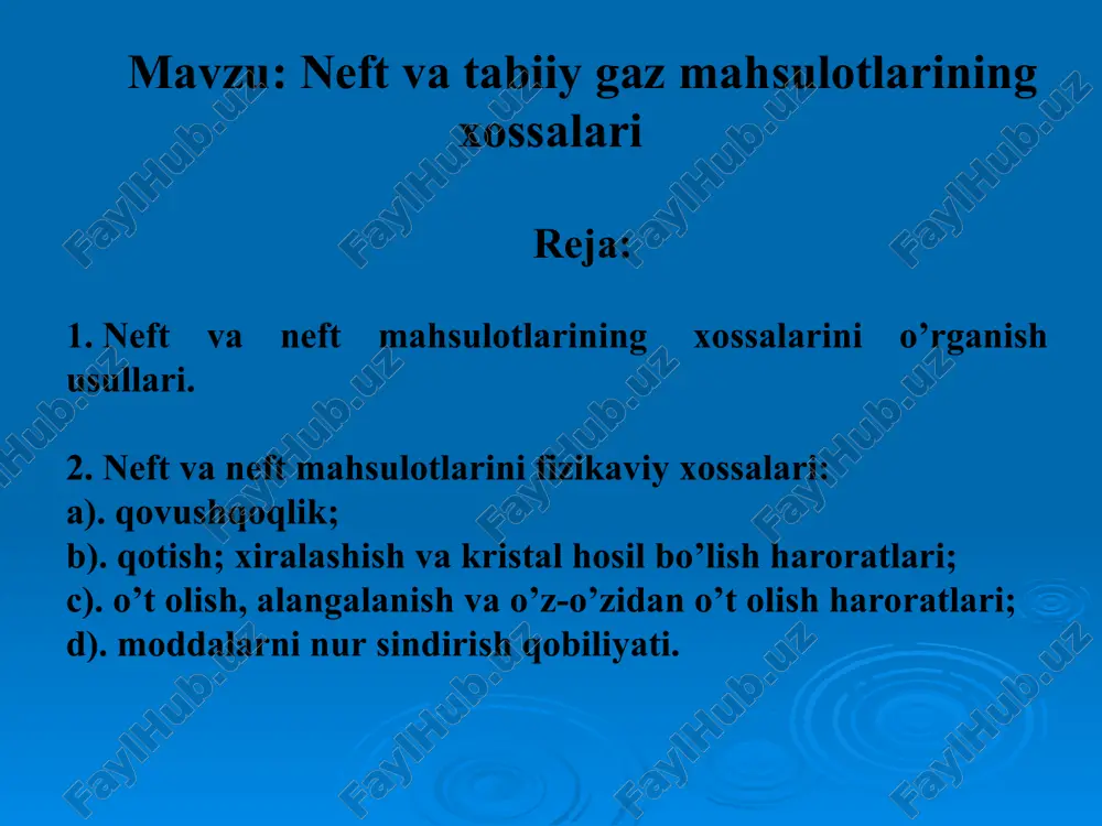 y zichligi 0,660, 0,749, 0,779 va 0,879. * qovushqoqlik — suyuqlik (gaz)ning bir qismini ikkinchi qismiga nisbatan harakat qilayotgan vaqtda hosil bo’ladigan qarshilikdir. qovushqoqlik uch xil bo’ladi: dinamik, kinematik va shartli qovushqoqlik. dinamik qovushqoqlikni xalqaro miqiyosda birligi deb bir sekunddagi paskal (pa/s) qabul qilingan. bu suyuklikning 1 m2 ga teng ikki qatlamini bir biriga nisbatan 1 m/s tezlikda quyilgan 1n kuch ta’sirida 1 m ga surilganida sodir bo’lgan qarshilikka tengdir. dinamik qovushqoqlikka teskari birlik moddaning oquvchanligi deyiladi. kinematik qovushqoqlik — dinamik qovushqoqlikni aniqlayotgan haroratdagi moddaning zichligiga nisbatiga aytamiz, birligi m2/s. qovushqoqlikni ifodalayotgan vaqtda kinematik qovushqoqlik birligi keng ishlatiladi. neftni qayta ishlash tarmog’ida asosan shartli qovushqoqlik birligi ishlatiladi. shartli qovushqoqlik — ma’lum hajmdagi suv va neft mahsulotini oqib tushish vaqtlarini nisbatan yoki bo’lmasa neft mahsulotini standart idishdan oqib tushish vaqti qabul qilingan. mamlakatimizda 200 sm3 suvni 20°c haroratda oqib tushish vaqtini shu miqdordagi neft mahsulotini oqib tushish faktiga taqqoslash bilan belgilanadi. …