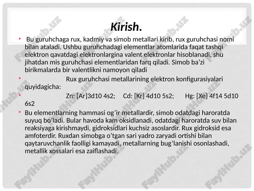 ,kumush,mis,qo’rg’oshin va temir haqidagi ma’lumotlardan keyin paydo bo’lgan. miloddan 300yil avval teofrast kinovar (hgs.) dan simob olishga muvaffaq bo”lgan. yatrokimyo davrida tabiblar tibbiyotga tarkibida simob bo’lgan dorilarni kiritganlar.ilm-fanda,xarbiy ishda simobning vazifasi nixoyatda muhim bo’lgan. ruh . tabiatda uchrashi va olinishi ruxning atom massasi 65,39 (z-30)ga teng. uning tabiatda tarqalgan barqaror izotoplari: 64zn(48,87%); 66zn(27,81%); 70zn(4,11%); 68zn(15,68%) bo’lib, radiofaol izotoplari ichida eng muhimi 65zn dir. rux tabiatda birikmalar holida uchraydi, uning eng ko’p uchraydigan birikmasi rux sulfid zns (rux aldamasi) va rux karbonat znco3 (galmey) lardir. ruxning ko’p minerallari polimetall rudalar jumlasiga kiradi. rux rudasi flotasion usulda boyitiladi, natijada rux konsentrati hosil bo’ladi. rux asosan qaytarish va elektroliz usuli bilan olinadi. qaytarish usulida ruda quydirilib, rux oksidlanadi, 10000s da koks bilan qaytariladi: 2zns + 3o2 → 2zno + 2so2 znco3 → zno + co2 zno + c → zn + co; zno + co → zn + co2; qaytarilgan rux bug’i sovitkichda …