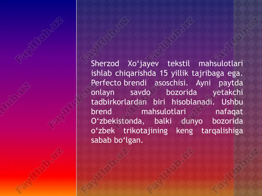 lar mahsulotlarni olgach, izohlar qoldirishi bo‘ldi, chunki ijobiy fikrlar ko‘p. boshidan internet do‘koniga ishonchni orttirish, odamlarni jalb qilish uchun yaxshi mahsulotlar qo‘ydik. biz tadbirkorlik faoliyatimizni yo‘lga qo‘yishda oflayn do‘konlarda ijara to‘lashimiz, sotuvchi olishimiz, reklama bilan shug‘ullanishimiz kerak. bunday do‘konlarning qamrovi cheklangan bo‘ladi. internet do‘konlari esa bizning hududiy imkoniyatni oshiradi. bemalol boshqa viloyatlarga yetkazishimiz mumkin. biz uchun hammasini uzum bajaryapti yana bir yaxshi tarafi shundayki, mijoz o‘zining hududidagi uzum market bo‘limiga borib, buyurtma qilgan kiyimini tekshirib, kiyib ko‘rib, keyin pulini to‘laydi, shuning uchun ham mijozlar qo‘rqmasdan buyurtma berishyapti. hozircha 100 dan ortiq shunday bo‘limlar bor viloyatlarda. biz faqat uzum market'ga xizmat haqi to‘laymiz mahsulot sotilgach. 3 foizdan 20 foizgacha mahsulot pulini olishadi. agar qimmat mahsulot bo‘lsa, kam foizda, arzon bo‘lsa ko‘proq. barcha xizmatlar shu foiz ichida bo‘ladi. ayni paytda biz do‘konlarga, reklamalarga, sotuvchilarga pul sarflamayapmiz. hammasi shu uzum market xizmatlari ichida. internetda ham birinchi bo‘lib uzum market reklamalari, mahsulotlari chiqib keladi. …
