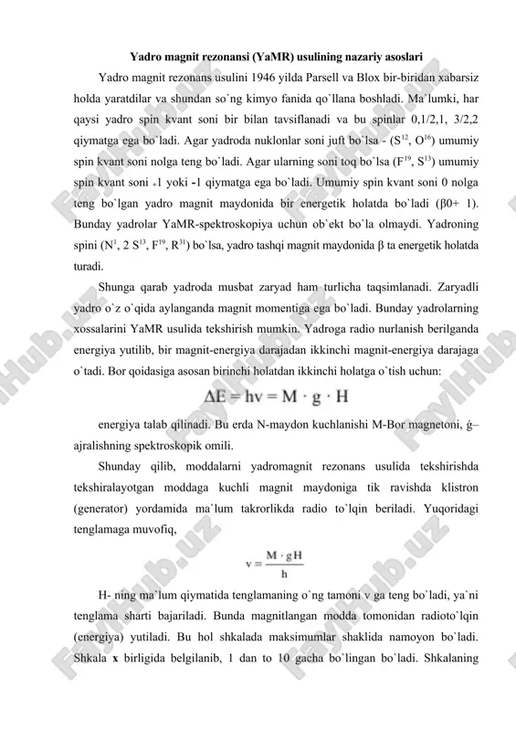 10 gacha bo`lingan bo`ladi. shkalaning uzunligi maydon deb hisoblansa, 1 dan to 5 gacha bo`lgan masofa kuchsiz va 5 dan 10 gacha bo`lgan masofa kuchli maydon deb yuritiladi. kuchsiz maydonda gidroksil - on, karboksil - cooh, aldegid r-cooh, benzol c6h6, suv h2o dagi protonlar aks etadi. kuchli maydonda esa metin - ch, metilen - ch2 va metil ch3 protonlari aks etadi. shu bilan birga protonlarga molekuladagi qo`shni protonlar va boshqa funkstional guruhlar ta`sir etadi, natijada shkalada protonlarning ko`rinishi har xil bo`ladi. masalan ajratilgan metil guruh bo`lsa, uning uchta protoni shkalada bitta cho`qqili uch protonga teng bo`lgan singletga ega bo`ladi. agar metil guruhning yonidagi uglerodda bitta proton bo`lsa uning ta`sirida ikkita cho`qqili uch protonga uch protonga teng bo`lgan dublet hosil bo`ladi. shunday qilib, yamr usuli molekuladagi vodorod atomlarining sonini va qanday holatda joylashganligini yaqqol ko`rsatib, birikmaning tuzilishini aniqlashda katta yordam beradi (rasm). lekin ana shu kichik miqdor, energiya (∆e) moddaning radio …