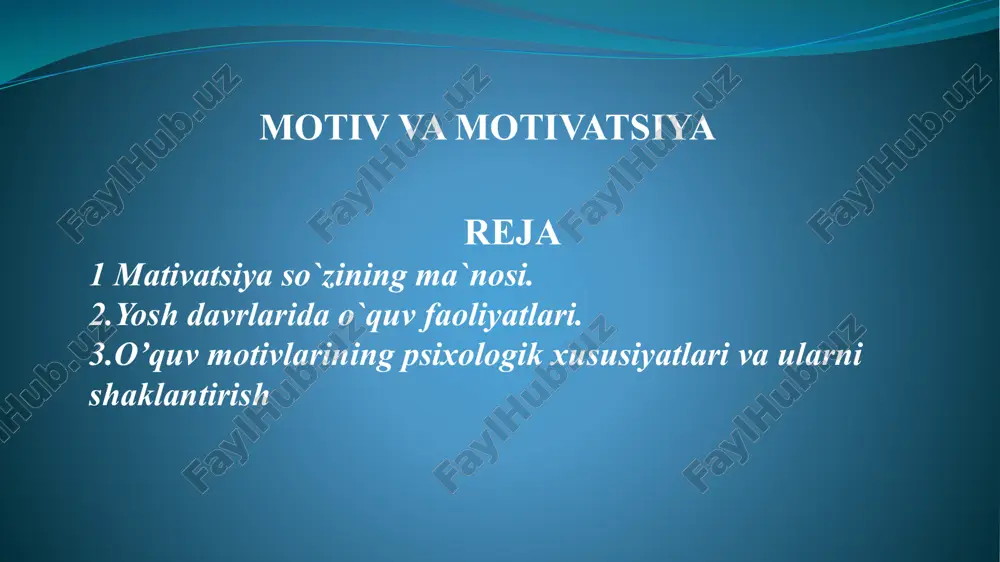 ). biroq ko’pincha shaxsni faoliyatga undagan birgina motivni ajratib ko’rsata olmaymiz, yagona motivni aniqlash mumkin bo’lmaydi, sababi motivlar o’zida qator pedagogik jarayonlar majmuini ifoda etadi. anglash faoliyati tashqi va ichki motivlarni boshqarishi mumkin. kasbiy ta‘lim sohasidagi faoliyat — insonning atrof-olamga faol munosabati shakli sifatida baholanadi. motivlar yig‗indisi u yoki bu ijtimoiy ahamiyatli maqsadlar yutug’i asosidagi ma‘lum bir vazifalarni amalga oshirishga yo’naltirilgan ketma-ket sodir etiladigan harakatlar orqali ifodalanadigan xulqiy holatdir. boshqacha aytganda, inson xulqi va u amalga oshiradigan harakatlari ichki va tashqi motivlari bilan boshqariladi. yoshning umumiy xususiyati. har bir yoshdagi psixik rivojlanish alohida sifat bosqichiga ega. yosh xususiyatlari ko‗plab shartlar majmui bilan belgilanadi. bu - bola hayotidagi har bir bosqichda unga qo’yiladigan talablar sistemasi, atrofdagilar bilan munosabat, u egallayotgan bilim va faoliyat turi hamda bu bilimlarni egallash usullaridir. yosh xususiyatini aniqlovchi shartlar majmuiga bolaning jismoniy rivojlanishi xususiyatlari ham kiradi (masalan, go‗daklikda ma‘lum bir morfologik shakl hosil qiluvchi ma‘lumotlarni egallash, o’smirlikda …