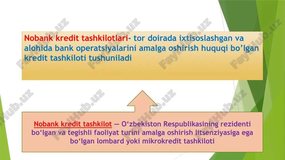 un qulay shart-sharoitlar yaratish maqsadida oʻzbekiston respublikasi prezidentining 2019-yil 23-iyuldagi “mikromoliyaviy xizmatlar ommabopligini oshirish chora-tadbirlari toʻgʻrisida”gi pq–4400-sonli qarori qabul qilindi. ushbu qarorga muvofiq, nobank kredit tashkilotlari koʻrsatadigan xizmatlar doirasi kengaytirildi va mikromoliyaviy xizmatlar hajmi oshirildi. bugungi kunda respublikada 63 mikrokredit tashkiloti va 64 lombard faoliyat koʻrsatmoqda. 2021-yilning 1-yanvar holatiga koʻra, ularning aktivlari miqdori 1 010 mlrd. soʻmni tashkil etdi va bu koʻrsatkich oʻtgan yilning shu davriga nisbatan 20 foizga oʻsishi taʼminlandi. shu davrda kredit portfeli 23,7 foizga oʻsib, 935 mlrd. soʻmga yetdi. nobank kredit tashkilotlari sohasini izchil isloh qilish, faoliyatini tartibga soluvchi qoidalarni tizimlashtirish va unifikatsiyalash maqsadida “nobank kredit tashkilotlari va mikromoliyalash faoliyati toʻgʻrisida”gi qonun loyihasi ishlab chiqildi. ushbu loyiha oʻzbekiston respublikasi prezidentining 2020-yil 12-maydagi “2020-2025-yillarga moʻljallangan oʻzbekiston respublikasining bank tizimini isloh qilish strategiyasi toʻgʻrisida”gi pf–5992-sonli farmoni ijrosi doirasida jahon banki koʻmagida eng yaxshi xorijiy tajriba, umumeʼtirof etilgan meʼyor va standartlarni hisobga olgan holda tayyorlandi. qonun loyihasida nobank kredit tashkilotlarining …