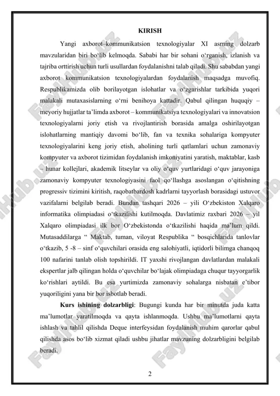 uqur tayyorgarlik ko‘rishlari aytildi. bu esa yurtimizda zamonaviy sohalarga nisbatan e’tibor yuqoriligini yana bir bor isbotlab beradi. kurs ishining dolzarbligi: bugungi kunda har bir minutda juda katta ma’lumotlar yaratilmoqda va qayta ishlanmoqda. ushbu ma’lumotlarni qayta ishlash va tahlil qilishda deque interfeysidan foydalanish muhim qarorlar qabul qilishda asos bo‘lib xizmat qiladi ushbu jihatlar mavzuning dolzarbligini belgilab beradi. kurs ishining maqsadi: java dasturlash tilida deque interfeysidan foydalanib dasturlar tuzish va bu bo‘yicha ko‘rsatmalar ishlab chiqish. kurs ishining vazifalari: deque interfeysiga doir nazariy masalalarini yoritish; java dasturlash tilida deque interfeysidan foydalanib dasturlar tuzish; kurs ishining tuzilishi: kurs ishi nundarija, kirish qismi, bob va paragraflar, xulosa, foydalanilgan adabiyotlar ro‘yxatidan iborat. i bob. dasturlash tili sintasksi va muhit,vositalarini sozash 1.1 dasturlash tili muhit va vositalarini sozlash dasturlash tili - bu kompyuter dasturlarini yozish uchun belgilar tizimi. dasturlash tillari sintaksisi va semantikasi nuqtai nazaridan tavsiflanadi, odatda rasmiy til bilan belgilanadi. tillar, odatda, bir turdagi tizim, o‘zgaruvchilar …