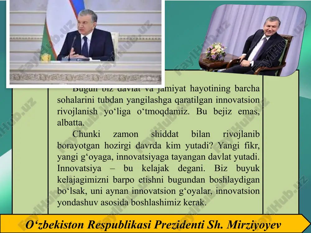 sangiz, u holda ularning turlarini bilishingiz lozim. innovatsiyalarning quyidagi turlari farqlanadi. har bir innovatsiya turining mazmunini ko‘rib chiqamiz. texnik innovatsiyalar – yangi yoki takomillashtirilgan xossalarga ega mahsulotlar ishlab chiqarish. bunda siz o‘z mahsulotingizning biron-bir texnik xususiyatini takomillashtirgan bo‘lishingiz mumkin. texnologik innovatsiyalar – mahsulotlar ishlab chiqarishning nisbatan takomillashgan usullarini qo‘llash. bunda mahsulot ishlab chiqarish texnologiyasiga yangi o‘zgartirishlar kiritilishi mumkin tashkiliy-boshqaruvga oid innovatsiyalar – ishlab chiqarish, transport, sotish va ta’minotni maqbul holda tashkil etish bilan bog‘liq jarayonlar. siz korxonadagi mavjud tashkiliy-boshqaruv jarayonlari mazmunida yangi o‘zgarishlarni amalga oshirishingiz mumkin. axborotga oid innovatsiyalar – korxona innovatsion faoliyatida axborot olish, uning ishonchliligi va tezkorligini ta’minlash bilan bog‘liq jarayonlar. ayniqsa, hozirgi axborot-kommunikatsiya texnologiyalari jadal rivojlanayotgan bir vaqtda ushbu yo‘nalish muhim ahamiyat kasb etmoqda. ijtimoiy innovatsiyalar – mehnat sharoitlarini yaxshilash, sog‘liqni saqlash, ta’lim, madaniyat sohalaridagi muammolarni hal etish bilan bog‘liq jarayonlar. bundan ko‘rinadiki, maktabda o‘quvchilarga ta’lim berish jarayonlariga yangi texnologiyalarni joriy etish ham innovatsiya hisoblanadi. innovatsiya g‘oyalari …