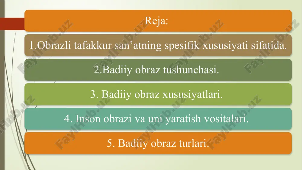 tasnifi predmetlik darajasiga ko‘ra badiiy umumlash tirish darajasiga ko‘ra ifoda va tasvir qatlamlari munosaba tiga ko‘ra badiiy reallik sathlari.(predmetlik darajasiga ko‘ra) voqea hodisalar obrazi xarakter va sharoit dunyo va taqdir obrazi detal obrazlar umumlashtirish darajasiga ko‘ra topos arxitep indivi dual obraz motiv tip xarakter individul -obraz o‘zigagina xos fe’l atvori, gap -so‘zlari, betakror xarakter xususiyati bilan namoyon bo‘luvchi obrazlar. “mening o‘g‘rigina bolam” roqiya bibi xarakter - muayyaan davr va muhit kishilariga xos eng muhim, xarakterli umumiy xususiyatlar bilan alohida shaxsga xos individual xususiyatlarni o‘zida uyg‘un mujassam etgan obraz. “otalar va bolalar” bazarov “o‘tkan kunlar “ otabek tipik obraz - muayyan ijtimoiy- tarixiy sharoit, davr va muhitga xos muhim xarakterli xususiyatlarni o‘zida namoyon etgan obraz. «mehrobdan chayon» anvar, solih mahdum «navoiy» majididdin, sultonmurod 15 motiv shakliy va mazmuniy jihatlardan muayyan turg'unlik kasb etgan, bir yoki bir necha ijodkorning asarlarida qaytarilib turishi bilan ularning ijodiy intilishlarini namoyon etib turuvchi obrazdir. topos motivga …