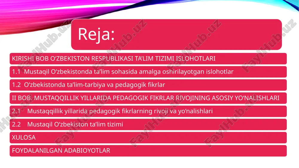 anadi. nodavlat ta’lim muassasalari esa nodavlat tashkilotlar, xo‘jaliklar, dehqon-fermer, qo‘shma korxonalar, fuqaro, homiylar yoki xorijiy tashkilotlari tomonidan tashkil etiladi. barcha o‘quv-tarbiyaviy ishlar, kadrlar tayyorlash o‘sha homiylarning mablag‘i hisobidan tashkil qilinadi. ammo ta’lim mazmuni davlat ta’lim standartlari talabalariga javob berishi talab etiladi mavzuning dolzarbligi: 1991-yil 31-avgustda o‘zbekiston respublikasining mustaqilligi e’lon qilingandan keyin respublikada ta’lim tizimi 1997 yilda qabul qilingan “ta’lim to‘grisida”gi qonun va quyidagi strategiya asosida ishlab chiqildi: ˗ ta’limning uzluksiz bo‘lishi, ˗ ta’limni kompleks ravishda uyushtirish, ˗ ta’limni demokratlashtirish va insonparvarlashtirish, ˗ ta’lim sistemasini fan sohalari bilan integratsiyalashtirish, ˗ umumiy o‘rta ta’lim asosida yoshlarni maxsus bilim yurtlarida o‘qishga, mutaxassislikka tayyorlash. respublikada amalga oshirilgan uzluksiz ta’lim tizimi barcha ta’lim bosqichlari-maktabgacha tarbiya va boshlangich, tayanch bosqichlari, o‘rta va hunar maktablari, o‘rta maxsus va oliy o‘quv yurtari, maktabgacha tarbiya muassasalari, malaka oshirish institutlari o‘rtasida uzviylik bo‘lishida, ta’limni ilm-fan yutuqlari bilan bog‘liq holda tashkil etishda muhim omil bo‘ldi. bolalarni oilada bog‘chaga, bog‘chada maktabgacha o‘qishga …