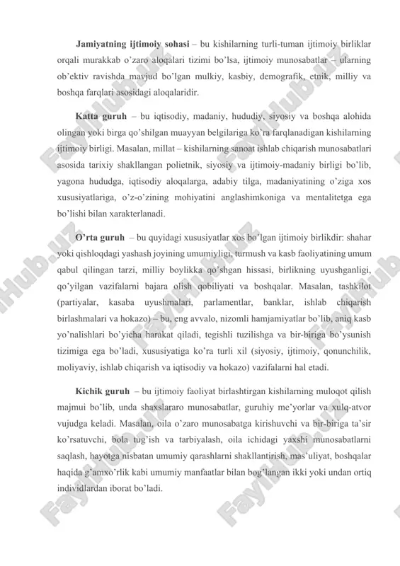 ni shakllantirish, mas’uliyat, boshqalar haqida g’amxo’rlik kabi umumiy manfaatlar bilan bog’langan ikki yoki undan ortiq individlardan iborat bo’ladi. odatda ijtimoiy tuzilishikki xil ma’noda – keng va tor ma’noda qaraladi. keng ma’noda ijtimoiy tuzilishumuman jamiyatning tuzilishi, uning asosiy qismlarining o’zaro aloqasi tizimi sifatida talqin qilinadi. tor ma’noda bu atama umumiy belgilari va manfaatlari bilan birlashgan ijtimoiy birliklarni anglatadi. ijtimoiy birliklarga sinflar, stratlar (tabaqalar, qatlamlar), kasbiy va sohaviy guruh lar, elatlar, millatlar, millatlararo va mintaqaviy birlashmalar, demografik guruh lar, kishilarning shahardagi va qishloqdagi hayot faoliyati shakllari, meh nat, oila va boshqalarga oid tuzilmalar kiradi. jamiyatning ijtimoiy sohasi – bu kishilarning turli-tuman ijtimoiy birliklar orqali murakkab o’zaro aloqalari tizimi bo’lsa, ijtimoiy munosabatlar – ularning ob’ektiv ravishda mavjud bo’lgan mulkiy, kasbiy, demografik, etnik, milliy va boshqa farqlari asosidagi aloqalaridir.jamiyatning ijtimoiy tuzilishi har xil turdagi ijtimoiy birliklar va ular o’rtasidagi munosabatlar majmuidir.katta, o’rta va kichik guruh lar o’z ichki qonunlari bo’yicha vujudga keladi va rivojlanadi …
