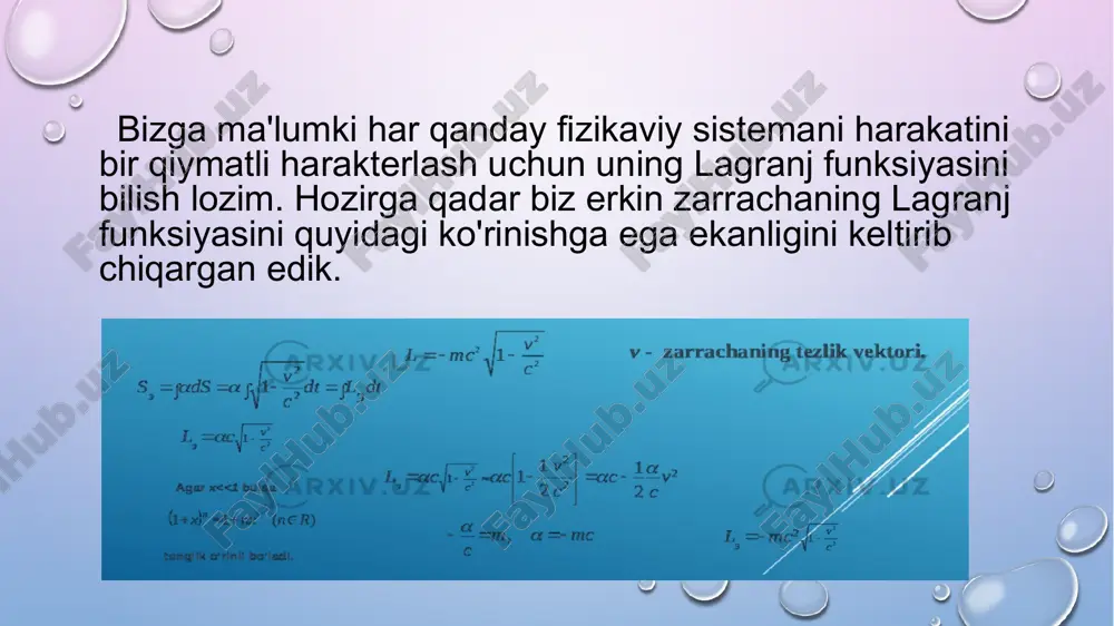 amiz. ma'lumki, erkin zarra uchun ta'sir: ko'rinishda beriladi, bunda integral berilgan ikki hodisa orasidagi dunyoviy chiziq bo'yicha integralni fodalaydi. buni vaqt bo'yicha integralga aylantirib yozish mumkin eng kichik ta'sir pinrintsipini umumiy ta'rifiga ko'ra taqqoslagan holda zarraning relativistik lagranj funksiyasini ko'rinishda yozishimiz mumkin. .. zarraning relativistik lagranj funksiyasini keltirib chiqarishda ikkita muhim xususiyat invariantlik va moslik prinsipini inobatga olish muhimdir. bu yerda m - zarraning massasi v - uning tezligi. bundan zarraning impulsini keltirib chiqaramiz. lagranj funksiyasi tezlik modulini funksiyasidir. shunday qilib, relyativistik zarraning impulsi klassik zarradan farqli ravishda y modulning chiziqli bo'lmagan funksiyasi ekan. grafikda klassik va relativistik nuqtal pazardan impuls bog'liqligini chizaylik. . relyativistik dinamika tenglamasi biz hozirga qadar zarraning relyativistik lagranj funksiyasi, relyativistik zarraning energiyasi va impulsi orasidagi bog'lanishni taxlil qilgan edik. endigi vazifa relativistik zarraga tashqi kuch ta'sir qilganda uning tezligi va ixtiyoriy vaqt momentidagi koordinatalarini topamiz. bizga ma'lumki, ta'sir tabiati qanaqa bo'lishidan qat'iy nazar jism impulsining …