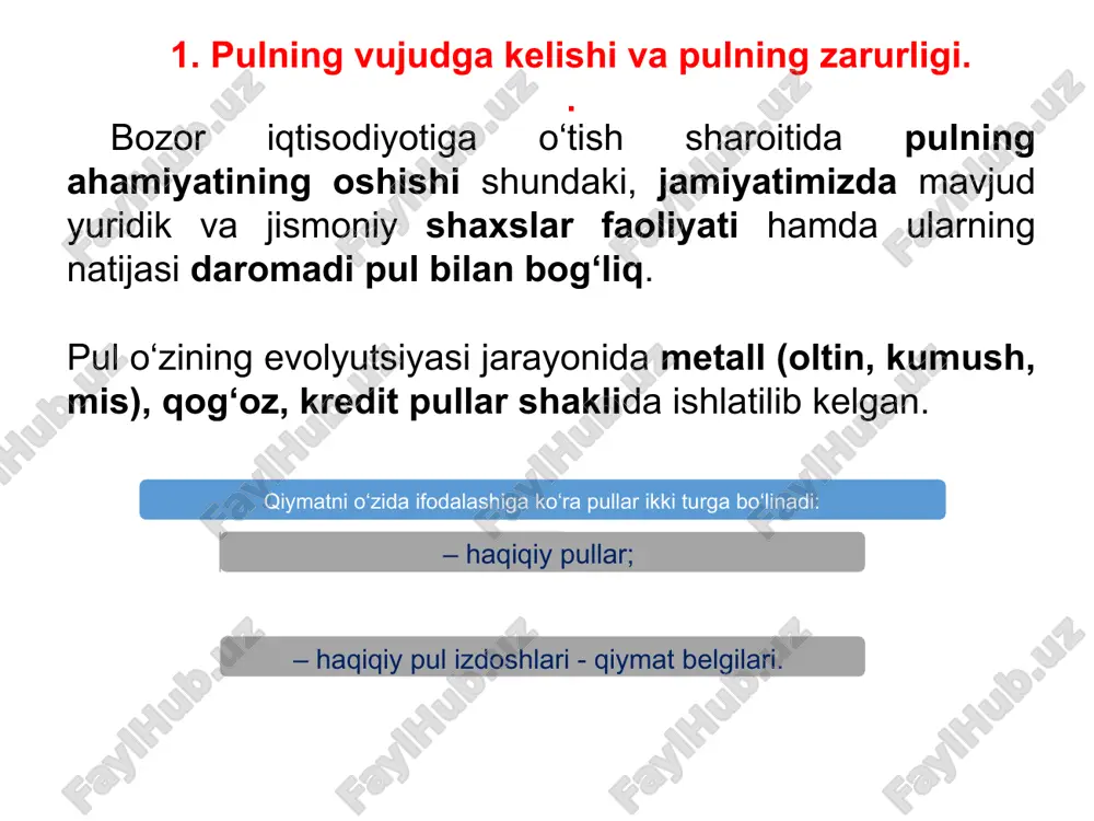 a chuqurlashuvi; mehnat unumdorligining o’sishi; mahalliy va milliy bozorlarning vujudga kelishi. umumiy ekvivalentlik rolining oltinga yuklatilish sabablari: sifat jixatdan bir xil o’lchamga keltirish mumkinligi; zanglamasligi va uzok, muddat saqlash mumkinligi; bo’linuvchanligi va yaxlit holatga keltirish mumkinligi; tabiatda nisbatan kamyobligi; oz mikdordagi nodir metal qiymatining ancha yuqoriligi. pul – bu hamma tovarlarni sotish va sotib olish mumkin bo’lgan, umumiy ekvalent rolini o’ynovchi maxsus tovardir pulning vazifalari: qiymat o’lchovi vazifasi — bunda tovar (xizmat)ning almashuv qiymati pul vositasida hisoblanadi va baholanadi. shuningdek, iqtisodiy resurs sarf-xarajatlari va daromadlarni hisoblashning yagona o’lchov birligi ham puldir. muomala vositasi vazifasi —bunda pul tovarlar muomalasi jarayonida vositachi sifatida maydonga chiqadi. to’lov vositasi vazifasi — tovarlar nasiyaga tulov muddati kechiktirib sotilganda va turli xil to’lov majburiyatlari amalga oshirilganda pul bu vazifani bajaradi. jamg’arish vazifasi - pul muomaladan chiqarib olinganda bu vazifani bajaradi. real ravishda oltin pul va oltin buyumlar boylik tuplash vazifasini bajaradi. jahon puli vazifasi — oltin …