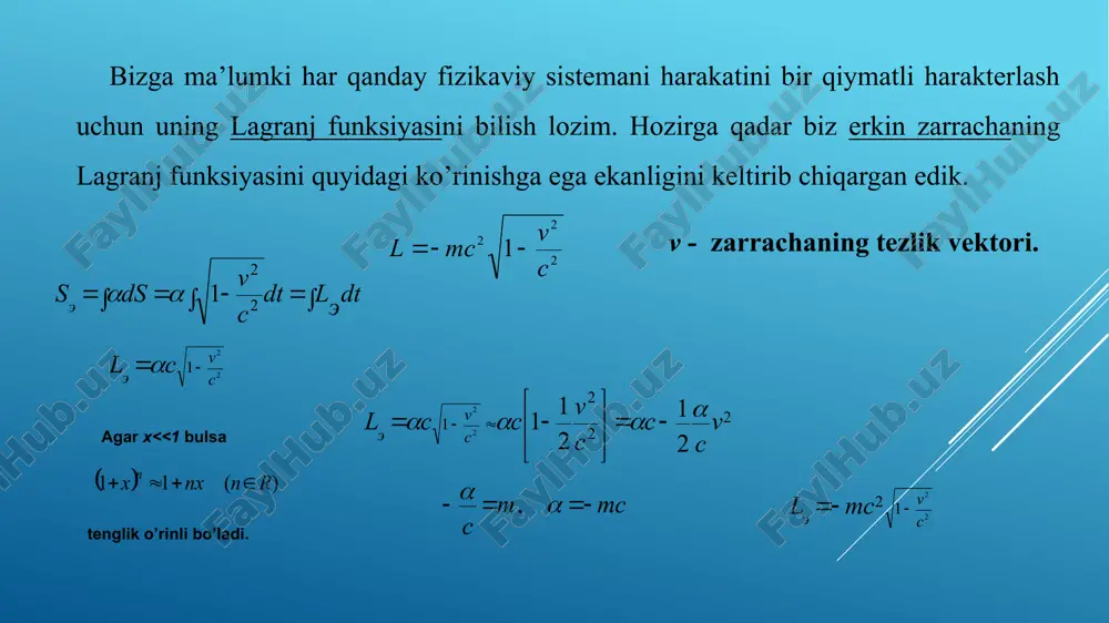 g bo’lishi kerak edi. lekin bu natija nisbiylik nazariyasining natijalariga zid. demak, bu masalani relyativistik dinamikaning asosiy tenglamasidan kelib chiquvchi (1.4.2) ga binoan taxlil qilishga o’tamiz. endi (1.4.2) ni yechishga o’tamiz. relyativistik zarra tezligini parametrik ko’rinishda ifodalaydi. bundan vektorning o’zgarish qonuniyatini topish qiyin. buni grafikda tasvirlaymiz t0 v0 natija: 1. agar klassik va relyativistik zarracha bir xil doimiy kuch ta’sir qilsa bir xil vaqt momentida relyativistik zarrachaning tezligi klassik zarrachaning tezligidan kichikroq bo’ladi. bunga sabab relyativistik zarraning og’irroq bo’lib borishidir 2. ko’rinib turibdiki hech qanday zarrachaning tezligini yorug’lik tezligiga teng tezlikgacha tezlashtirib bo’lmaydi, buning uchun cheksiz vaqt lozim bo’lar edi. image1.wmf image2.wmf image3.wmf image4.wmf image5.wmf image6.wmf image7.wmf oleobject5.bin oleobject6.bin oleobject7.bin oleobject1.bin oleobject2.bin oleobject3.bin oleobject4.bin image8.wmf image9.wmf oleobject8.bin oleobject9.bin image10.wmf image11.wmf image12.wmf oleobject10.bin oleobject11.bin oleobject12.bin image13.wmf oleobject13.bin image14.wmf image15.wmf image16.wmf image17.wmf image18.wmf image19.wmf oleobject18.bin oleobject19.bin oleobject14.bin oleobject15.bin oleobject16.bin oleobject17.bin image20.wmf image21.wmf image22.wmf oleobject20.bin oleobject21.bin oleobject22.bin image23.wmf image24.wmf image25.wmf image26.wmf image27.wmf image28.wmf …