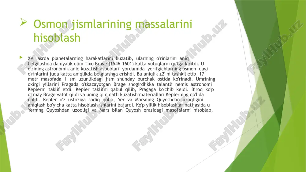 harakatiga tegishli quyidagi uchta qonunni kashf etdi: наг bir planeta quyosh atrofida ellips bo'ylab aylanadi kepler qonunlari kepler qonunlari - i. kepler kashf etgan sayyoralar harakatiga oid 3 ta qonun. i. keplerning "yangi astronomiya" (1609) asarida uning 2 qonuni bayon qilingan edi, 3-qonuni 1619-yilda kashf etildi. 1 - qo n u n . har bir sayyora ellips boʻylab harakatlanadi, uning hamma sayyoralar uchun umumiy boʻlgan fokusida quyosh yotadi. 2 — qonun. quyoshdan sayyoraga oʻtkazilgan radius-vektor teng vaqtlar ichida teng yuzalar chizadi. bu qonun sayyora harakat yoʻlidagi ixtiyoriy nuqtada oladigan tezlikni ifodalaydi. unga muvofiq sayyoralar quyoshga yaqin paytida tezroq harakat qiladi. 3-qonun. sayyoralarning quyosh atrofida aylanish davri kvadratlarining nisbati ularning quyoshdan oʻrtacha uzoqligi kublari nisbatiga teng , yaʼni: na (1) i.nyuton tomonidan 1687-yilda aniqlashtirilgan bu qonunni quyidagi formula orqali yozish mumkin: (2) bunda tt va t2 — ikki sayyoraning quyosh atrofida haqiqiy (siderik) aylanish davrlari; m — quyosh massasi; gp va …