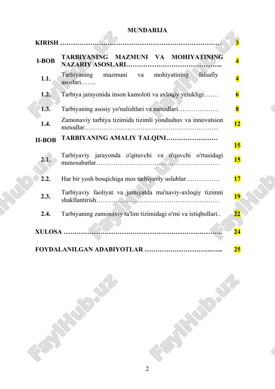 edagogik jarayonda tarbiyaning tutgan o‘rnini aniqlash ham kurs ishining asosiy yo‘nalishlaridan biridir. tarbiya jarayonida pedagog va o‘quvchi o‘rtasidagi munosabatlar, tarbiyaviy metodlarning samaradorligi va ularning jamiyatda qo‘llanilishi o‘rganiladi. kurs ishining obyekti: kurs ishining obyekti sifatida tarbiya jarayoni, uning metod va vositalari, shuningdek, tarbiyaning insonning ma'naviy va axloqiy rivojlanishiga ta'siri olinadi. tarbiya jarayonining asosiy prinsiplari, uning ta'lim tizimidagi o‘rni va zamonaviy ta'lim muassasalarida tarbiya jarayonining tashkil etilishi tahlil qilinadi. shuningdek, tarbiya jarayonining shaxsiy rivojlanishga ta'siri, pedagogik faoliyatda tarbiyaning tutgan o‘rni va unga oid ilg‘or yondashuvlar o‘rganiladi. i bob. tarbiyaning mazmuni va mohiyatining nazariy asoslari 1.1. tarbiyaning mazmuni va mohiyatining falsafiy asoslari tarbiyaning mazmuni va mohiyati inson kamoloti bilan chambarchas bog‘liq bo‘lib, u jamiyat taraqqiyoti, madaniyati va qadriyatlari asosida shakllanadi. tarbiya inson ongini shakllantirish, uning ma'naviy-axloqiy qiyofasini mustahkamlash va jamiyatda o‘z o‘rnini topishga yo‘naltirish jarayonidir. u insonning faqat jismoniy rivojlanishigina emas, balki uning ruhiy, axloqiy, estetik va intellektual jihatdan yetuk bo‘lishini ham ta’minlaydi. …