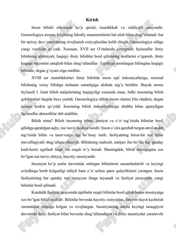 l qilinadi. kundalik faoliyat jarayonida tajribalar orqali bilimlar hosil qilish butun insoniyatga xos bo’lgan bilish usulidir. bilimlar bevosita hayotiy extiyojdan, farovon hayot kechirish zaruratidan vujudga kelgan va rivojlangan. insoniyatning ancha keyingi taraqqiyoti davomida ilmiy faoliyat bilan bevosita shug’ullanadigan va ilmiy nazariyalar yaratuvchi alohida sosial guruh vujudga keldi. bular — ilm-fan kishilari bo’lib, ilmiy nazariyalar yaratish bilan shug’ullanadilar. bilish nazariyasi bilishning mohiyati, shakllanish va rivojlanish qonuniyatlari, xususiyatlarini o`rganish falsafa tarixida muxim o`rin egallab kelmokda. inson o`z bilimi tufayli borliq, tabiat, jamiyatni va nixoyat, o`z-o`zini o`zgartiradi. bilishga qaratilgan inson faoliyatini va uni amalga oshirishning eng samarali usullarini tadqiq etish falsafa tarixida muxim ahamiyatga ega. bilish insonning tabiat, jamiyat va o`zi to`g`risida bilimlar xosil qilishga qaratilgan aqliy, ma’naviy faoliyat turidir. inson o`zini kurshab to`rgan atrof-muxit to`g`risida bilim va tasavvurga ega bo`lmay turib, faoliyatning biron-bir turi bilan muvaffakiyatli shug`ullana olmaydi. bilishning maxsuli, natijasi ilm bo`lib, har qanday kasb-korni egallash faqat ilm orqali ro`y beradi. …