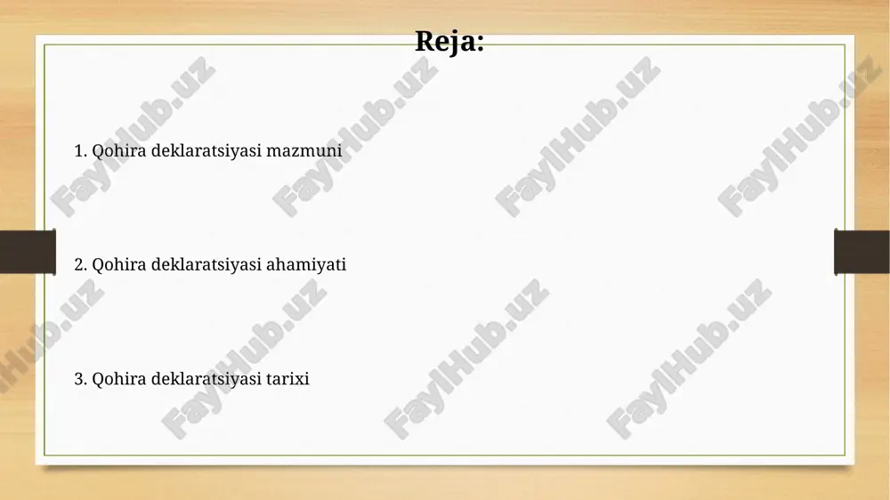 yaqin sharq siyosatiga qarshilik ko'rsatishda milliy ozodlik harakatlariga g'oyaviy va siyosiy qo'llab-quvvatlashni ta'minladi, shu bilan global geosiyosiy muvozanatga ta'sir ko'rsatdi. deklaratsiyaning asosiy maqsadlari қўқон декларациясининг асосий мақсадларидан бири 1917 йилдаги октябрь инқилобидан кейинги вазиятда миллий мухториятни таъминлаш ва россия федерацияси таркибида мустақил давлат сифатида яшаш эди. қўқон декларациясида ер ва сув ресурсларидан адолатли фойдаланиш, хусусан, 3 та йирик вилоятдаги деҳқонлар ҳуқуқларини ҳимоя қилиш масаласи муҳим ўрин тутади. deklaratsiyaning tanqidchilari va muhokamalari deklaratsiya matnining noaniqligi va ba’zi moddalarining qarama-qarshi talqiniga imkon berishi, huquqiy ekspertlar tomonidan 15 ga yaqin jiddiy kamchilik sifatida ko'rilgan. qohira deklaratsiyasining 1990-yillardagi ijtimoiy-siyosiy kontekstini inobatga olmaguncha, uning ba’zi qoidalariga nisbatan 20 dan ortiq mamlakat tanqid bildirgan. e'tiboringiz uchun rahmat @taqdimot_robot image7.jpg image8.jpg image9.jpg image10.jpg image11.jpg image12.jpg image13.jpg image3.png image4.png