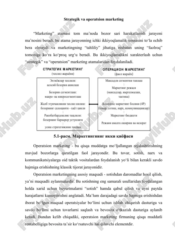 igan, mo‘ljaldagi iste’molchilarning odatlariga moslashgan bo‘lishi kerak, hamda tovarning bozordagi yaxshi ketishini ta’minlovchi va uning o‘ziga xos xususiyatlarini ta’kidlovchi kommunikatsiya yordamiga ega bo‘lishi lozim. bozorda talab taklifdan ko‘p bo‘lgan, firma xaridorlarga yaxshi tanish bo‘lgan va raqobat bo‘lmagan hollar kam uchraydi. operatsion marketing marketingning eng ko‘zga ko‘rinarli jihatidir, bunga asosiy sabab shuki, reklama va tovarlarni siljitish faoliyatining roli g‘oyatda muhimdir. ba’zi firmalar, masalan sanoat tovarlari ishlab chiqaruvchilarning ko‘pchiligi esa aksincha, marketingni reklama bilan uzviy bog‘liq deb tushunib, uzoq vaqtgacha marketing bizning biznesga to‘g‘ri kelmaydi, deb hisoblab keldilar. demak, marketing - bu firmaning tijorat dastagi bo‘lib, hatto eng yaxshi strategik reja ham yaxshi natijalarga olib kela olmaydi. ammo ko‘rinib turibdiki, yetarlicha katta strategik bazasiz mutlaqo rentabelli operatsion marketing ham bo‘lishi mumkin emas. fikrsiz dinamizm - asossiz tavakkaldir, xolos. operatsion marketing rejasi har qancha kuchli bo‘lmasin, u ehtiyoj yo‘q bo‘lgan joyda talabni yuzaga keltira olmaydi va yo‘qolib ketishi muqarrar bo‘lgan faoliyat yo‘nalishini saqlab …