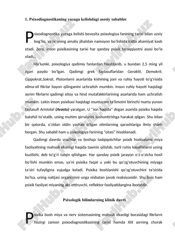 uvchi, reflektor faoliyatidangina iboratdir. psixologik bilimlarning klinik davri p sixika bosh miya va nerv sistemasining mahsuli ekanligi borasidagi fikrlarni hozirgi zamon psixodiagnostikasining tarixi hamda xix asrning chorak yarmida psixologik bilimlarning shakllanishidagi klinik davri bilan bog’lash mumkin. bu davr shaxs haqidagi empirik psixologik bilimlarning to’planishi va tahlilida asosiy vazifa tabiblar yordamida amalga oshirilganligi bilan xarakterlanadi. tabiblarni, dunyoning rivojlanayotgan mamlakatlarida tarqalayotgan ruhiy va asab kasalliklarni kelib chiqish sababi qiziqtirar edi. shu bois, psixiatrlar yevropa shifoxonalaridagi bemorlarni uzluksiz nazorat qilish bilan bir qatorda, o’z xulosalarini qayd qilib borardilar. natijada, psixodiagnostikaning kuzatish, so’rov, hujjatlar tahlili kabi metodlari shakllanishi ortib bordi. mazkur vaqtda psixodiagnostikaning rivojlanishi erkin xarakter kasb etib, bu holat metodlarni miqdoriy ko’rsatkichi bilan uzviy bog’langan edi. 3. psixodiagnostikani taraqqiy etishiga hissa qo’shgan olimlar genri gerbert goddard u 1866 yilda sharqiy vassalboroda katta fermerlar oilasida tug’ilgan. xeverford kollejini bitirgan (1887 y.). shu kollejda matematika yo’nalishi bo’yicha magistrlik darajasini olgan (1889 y.). goddard psixologiya sohasidagi …