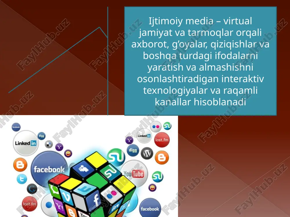 foydalanadilar, boshqa nufuzli ijtimoiy tarmoqlar vakillari esa o’zlarining taxalluslari yoki “tutqichlari” bilan tanilgan. bundan tashqari, foydalanuvchilardan profil ochishni talab qiluvchi turli xil ijtimoiy media platformalari mavjud. xuddi tashrif qog’ozi singari, ijimoiy media foydalanuvchilari o’zlarining shaxsiy ma’lumotlarini platformaga joylaydilar, reklama qiladilar va boshqalarni ularning o’z profillarini kuzatishga va ergashishga rag’batlantiradilar. bunday holatda, ijtimoiy media foydalanuvchilari, shaxslar yoki firma va korxonalar, o’zlarining ma’lumotlarini, faoliyatlarini reklama qiladilar va rivojlantiradilar. suhbatlar bloki foydalanuvchilarning ijtimoiy media platformalari orqali boshqa foydalanuvchilar bilan muloqot qilish darajasini ifodalaydi. ko’pgina ijtimoiy media saytlari asosan shaxslar va guruhlar o’rtasidagi suhbatlarni osonlashtirish uchun yaratilgan. bunday suhbatlar har xil sabablarga ko’ra sodir bo’ladi: hamfikrlar bilan tanishish, haqiqiy sevgini topish, o’ziga bo’lgan hurmatini oshirish yoki yangi g’oyalar va zamonaviy mavzulardan xabardor bo’lish. ba’zilar esa ijtimoiy mediani insonparvarlik, ekologik muammolar, iqtisodiy muammolar yoki siyosiy munozaralarga ijobiy ta’sir ko’rsatish va o’z xabarlarini eshitilishining bir usuli deb bilishadi. shunga ko’ra, ijtimoiy media platformalari turli xil suhbat …
