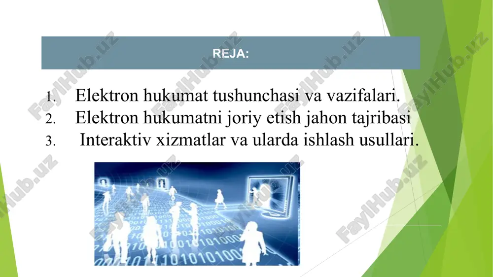 tafsiflari davlat va xukumat organlarini boshqarish vazifalarini samarali bajarilishi. xalq xukumat tizimini yaratish, axborot va xizmatlardan foydalanishni ta’minlash, shuningdek davlat boshqaruvi samaradorligini oshirish va davlat xizmatlaridan unumli foydalanish uchun axborot texnologiyalarini qo‘llash. hukumat va xalq o‘rtasidagi o‘zaro munosabatlarni yaxshilash maqsadida xalq va davlatga axborotni xamda xizmatlarni taqdim etish uchun internetdan foydalanish. koreya aqsh bmt o’zbekiston davlat organlarining jismoniy va yuridik shaxslarga axborot-kommunikatsiya texnologiyalarini qo‘llash yo‘li bilan davlat xizmatlari ko‘rsatishga doir faoliyatini, shuningdek idoralararo elektron hamkorlik qilishni ta’minlashga qaratilgan tashkiliy-huquqiy chora-tadbirlar va texnik vositalar tizimi elektron hukumat elektron hukumat, bu – raqamli texnologiyalar, internet va zamonaviy ommaviy axborot vositalari asosida davlat xizmatlarini taqdim qilish jarayonini, fuqarolarni va boshqaruvniichki va tashqi o'zaro munosabatlarda o'zgartirishlar vositasida ishtirokini doimiy optimallashtirishdir. elektron hukumat aholiga, tadbirkorlarga va davlat organlariga ko'rsatilayotgan davlat xizmatlarini taqdim qilishn iosonlashtiradi, fuqarolarning o'z-o'zini boshqarishlari uchun qo'shimchaimkoniyatlar yaratadi, ularning texnologik yangiliklardan xabardorligini oshiradi va davlat boshqaruvidagi ishtirokini osonlashtiradi. o’zbekistonda elektron hukumat rivojlanish bosqichlari …