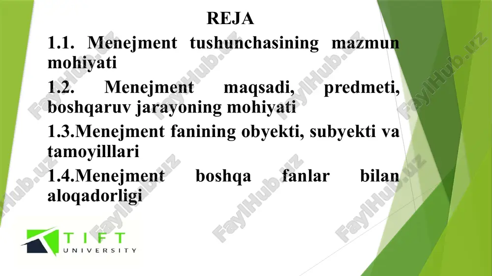 talablariga mos keladigan menejerlarini tayyorlashga chuqurroq yondoshish zaruriyati vujudga keldi. zamonaviy menejerlar faqat menejment asoslari bo'yicha puxta nazariy bilimlarga ega, ularni amaliyotga tadbiq etishni, ishlab chiqarish va boshqarish masalalarini ilmiy asosda bozor talablarini hisobga olgan holda, yecha olishlari zarurdir. menejment – bu inglizcha so‘z bo‘lib, ingliz tilining oksford lug‘atida berilgan ta’rifga binoan u: - boshqaruv hokimiyati va san’ati; - resurslarni boshqarish bo‘yicha alohida mohirlik va ma’muriy ko‘nikmalar tushuniladi. boshqacha so‘z bilan aytganda, menejment – bu boshqaruv, ya’ni resurslarni, odamlarni boshqarish, samarali faoliyat olib borish va foyda olishni bilish, uni ko‘paytirish jarayoni. shu nuqtai nazardan boshqaruv – bu o‘ziga xos yuksak san’at va mahoratni talab qiluvchi tanlov, shu tanlov asosida qaror qabul qilish va uning bajarilishini nazorat qilish. «menejment» fani – bu boshqaruvchiga tanlovni to‘g‘ri amalga oshirishni va oqil qarorni qabul qilishni o‘rgatuvchi fan. uning asosiy maqsadi bozor munosabatlari sharoitida barcha bo‘g‘inlarda samarali ishlay oladigan yuqori malakali boshqaruvchilarni tayyorlashdan iborat. menejment- …