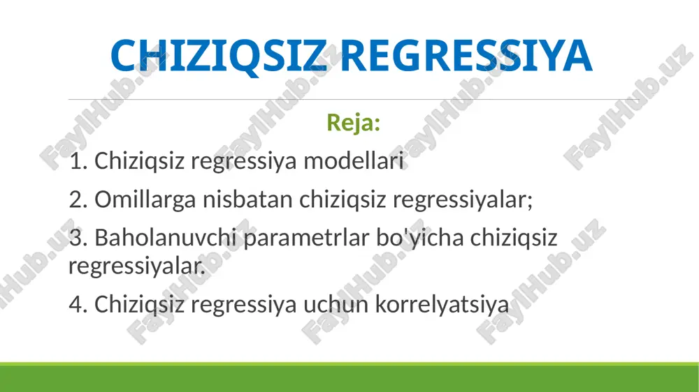 rganishda keng qo'llaniladi. 1. chiziqsiz regressiya modellari 1960-1995 yillarga ko'ra aqsh yalpi ichki mahsuloti ishlab chiqarish funktsiyasi bu erda y - yaim, k – kapital, l - mehnat 2. omillarga nisbatan chiziqsiz regressiyalar ikkinchi darajali parabola tenglamasida o'zgaruvchilarni , deb almashtirib quyidagi ikki omilli chiziqli regressiya tenglamasiga ega bo’lamiz: 2. omillarga nisbatan chiziqsiz regressiyalar ikkinchi darajali parabola tenglamasida o'zgaruvchilarni , deb almashtirib quyidagi ikki omilli chiziqli regressiya tenglamasiga ega bo’lamiz: 2. omillarga nisbatan chiziqsiz regressiyalar ikkinchi darajali parabola ko’rinishidagi regressiya tenglamasi parametrlarini ekku yordamida topish: 2. omillarga nisbatan chiziqsiz regressiyalar polinom: va 2. omillarga nisbatan chiziqsiz regressiyalar agar o'zaro bog'lanishning parabolik shakli y ning avval o’sishini so’ngra pasayishini namoish etsa, u holda x ning natijani maksimumga erishtiradigan qiymati topiladi. masalan, oilada a maxsulot (birligini) daromad darajasiga bog'liq holda iste'mol qilinishi tenglama bilan tavsiflansin. tenglamaning birinchi tartibli hosilasini nolga tenglab , maksimal iste’mol miqdorini beruvchi daromad qiymatini topamiz, ya'ni ming so'mda …
