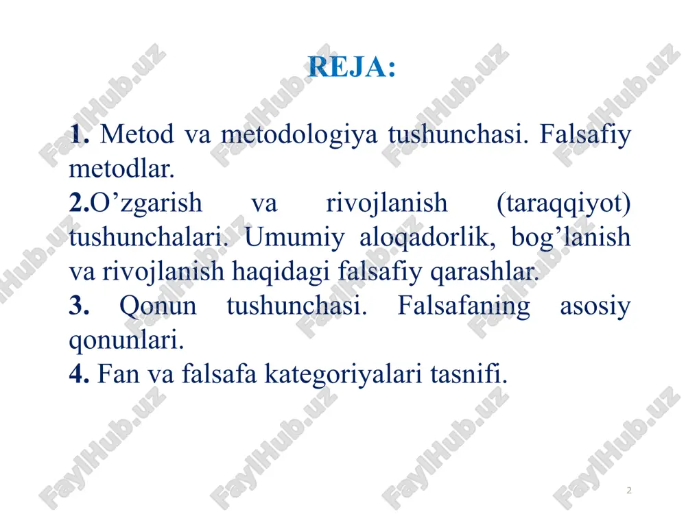 r va metodologiyaga tayanadi. 5 6 фалсафа тарихида ривожланиш ҳақидаги тасаввурлар гераклит ривожланиш миқдор жиҳатидан оддий жойдан-жойга кўчиш узлукли ва узлуксиз нарса ва жараёнларнинг ўзаро нисбати барқарор ва ўзгарувчан нарса ва жараёнларнинг ўзаро нисбати 7 ҳаракат шакллари ҳаракат шакллари механик физик кимёвий биологик ижтимоий 8 metodning asosiy vazifasi har qanday metod ma`lum nazariya asosida yaratiladi va tadqiqotning zaruriy sharti sifatida namoyon bo`ladi. har bir metodning samaradorligi uning chuqur mazmun va mohiyatga egaligi, nazariyaning fundamentalligi bilan asoslanadi. o`z navbatida metod mazmuni kengayib boradi, ya`ni bilimning chuqurlashishi va kengayishi, tajribaga tatbiq etilishi bilan metodning ko`lami ham o`zgaradi birinchidan, metod va metodologik muammolarning rolini inkor qilish yoki to`g`ri baholamaslik ikkinchidan, metodning ahamiyatini bo`rttirish, muqloqlashtirish, uni barcha masalalarning kaliti, ilmiy yangiliklarni yaratishning eng qulay vositasi deb tushunish noto`g`ridir. mеtоd (yunоn. metods — usul) kеng ma’nоdа yo’l, ijоdiy fаоliyаtning hаr qаndаy shаkli kаbi ma’nоlаrni аnglаtаdi. mеtоdоlоgiyа tushunchаsi ikki аsоsiy mаzmungа egа — fаоliyаtdа qo’llаnilаdigаn ma’lum …